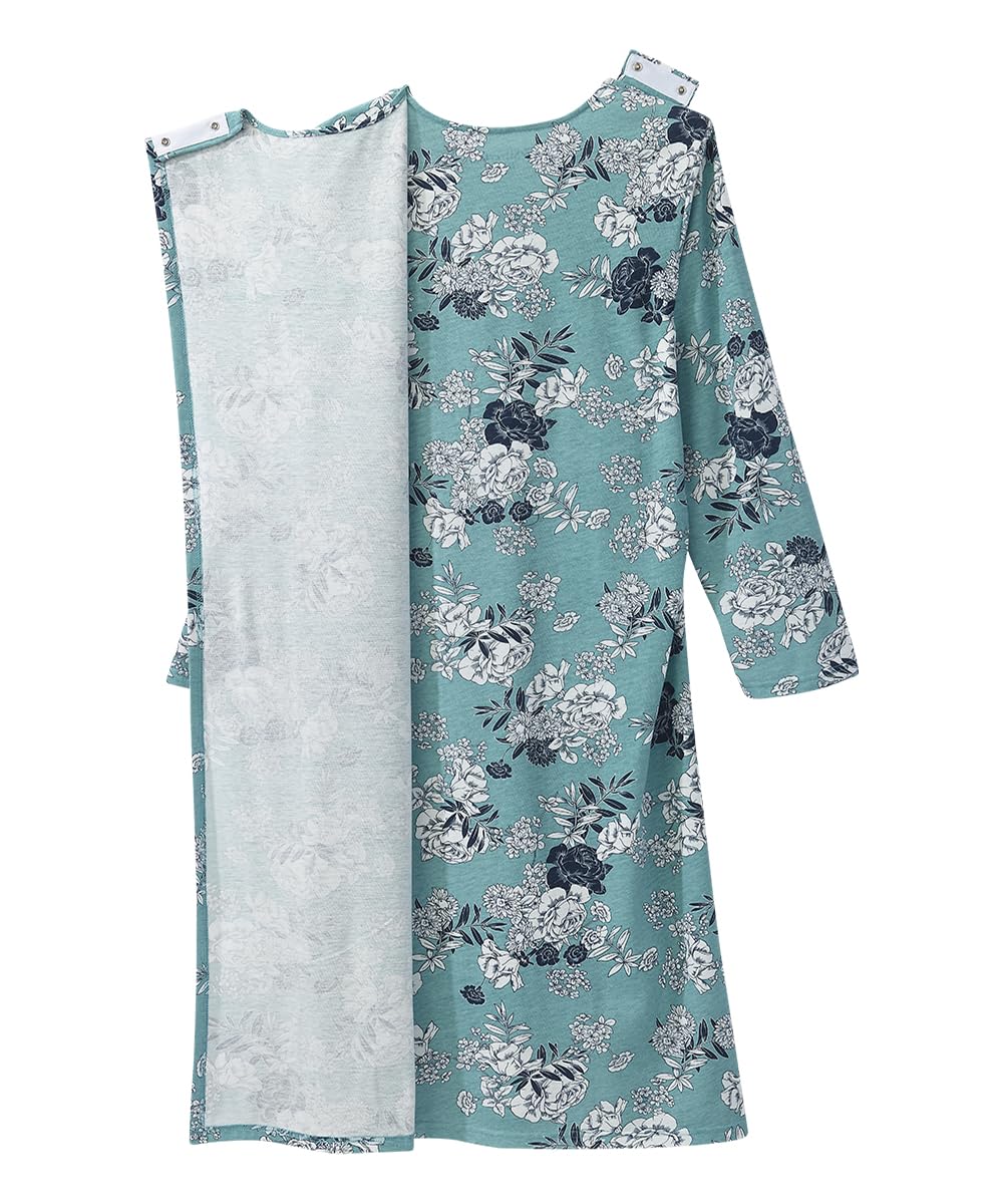 Silvert's Adaptive Clothing & Footwear Women's Open Back Long Sleeve Nightgown with Lace Trim - Aqua Flower MED