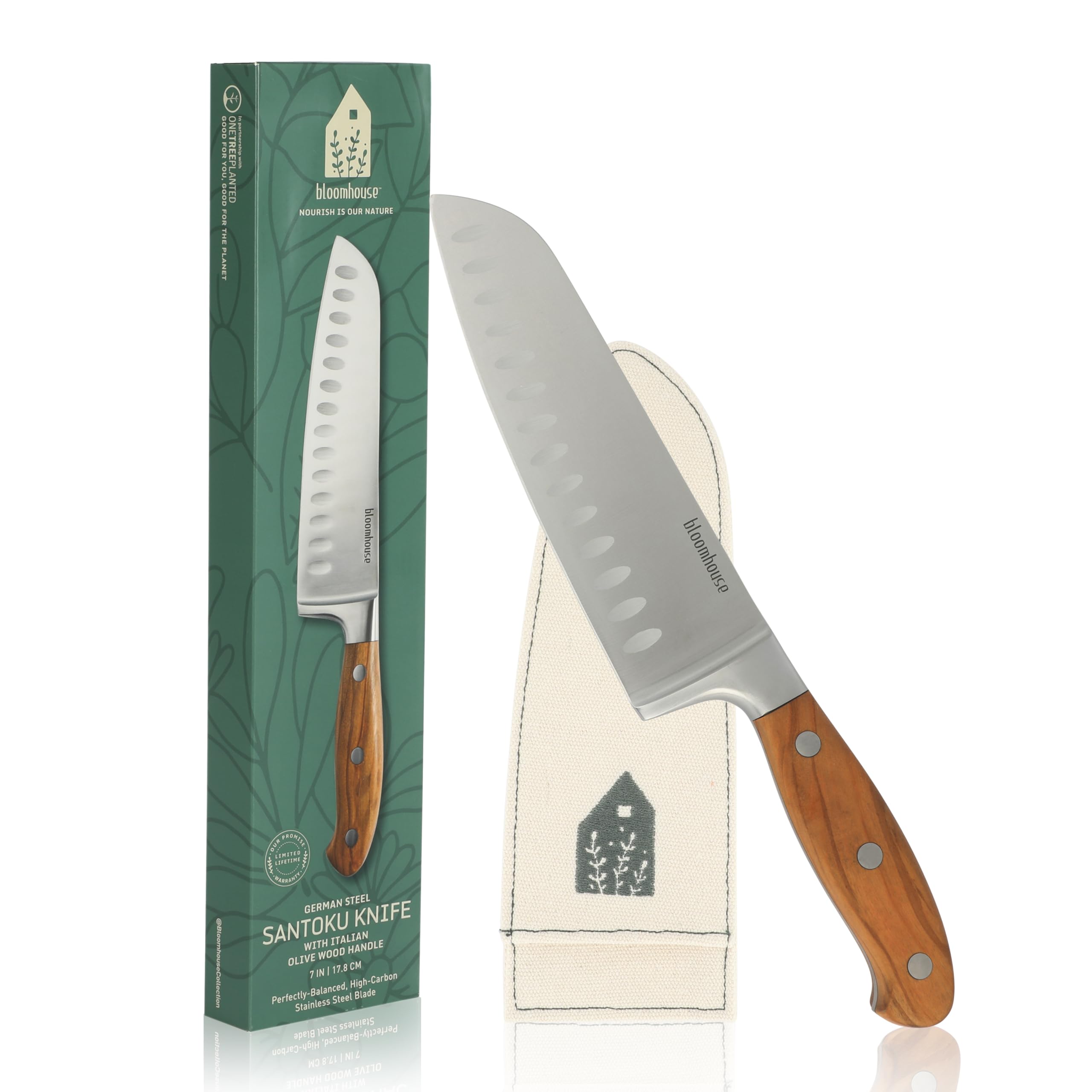 Bloomhouse - Oprah's Favorite Things - 7 Inch German Steel Santoku Knife W/Italian Olive Wood Forged Handle