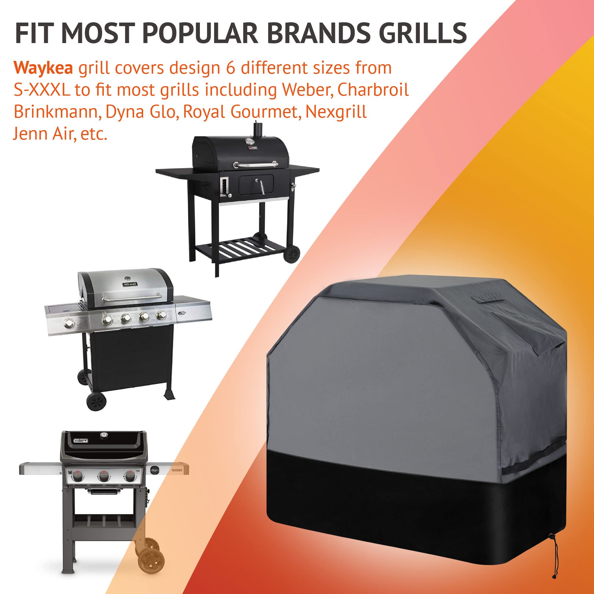 Waykea Heavy Duty Grill Cover 61 Inch, 600D Oxford Water Resistant UV & Fade Resistant BBQ Cover for Weber Char-Broil Dyna Glo Nexgrill Charcoal Gas Grill (61”W x 26”D x 45”H, Gray/Black)