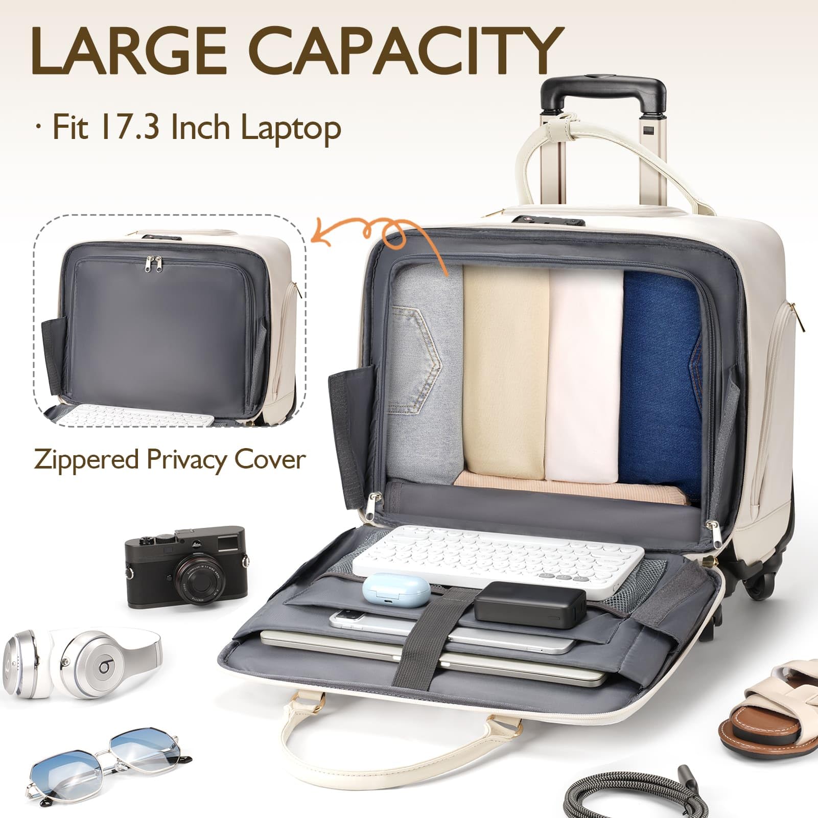 Arcoyard Rolling Laptop Bag, Briefcase for Women and Men with 4 Spinner Wheels and Handle, Roller Computer Bag for Work Travel Carry On, TSA Friendly Design, Beige