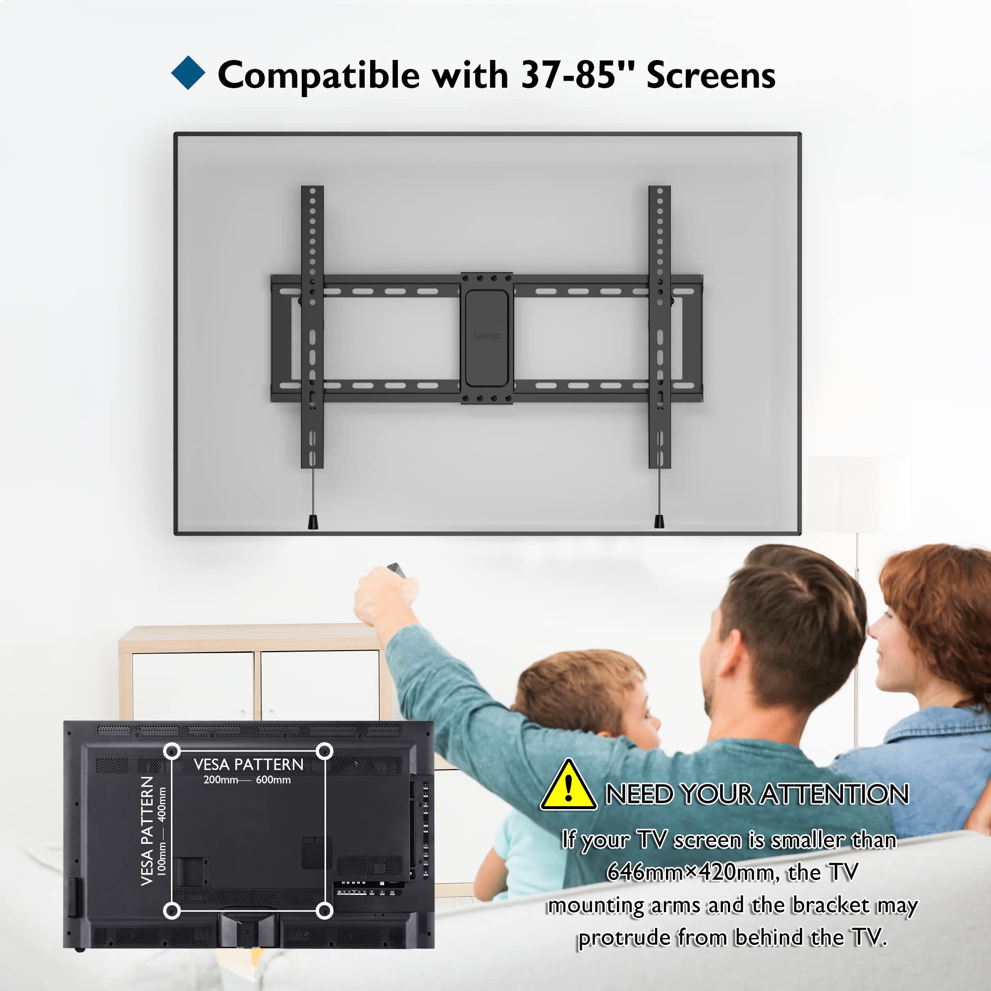 BONTEC Tilt TV Wall Mount for Most 37-85 Inch LED LCD OLED Flat Curved Screen TVs Fits 16" 18" 24" Wood Stud, Low Profile TV Wall Bracket with Max. VESA 600x400mm, Hold Up to 132LBS