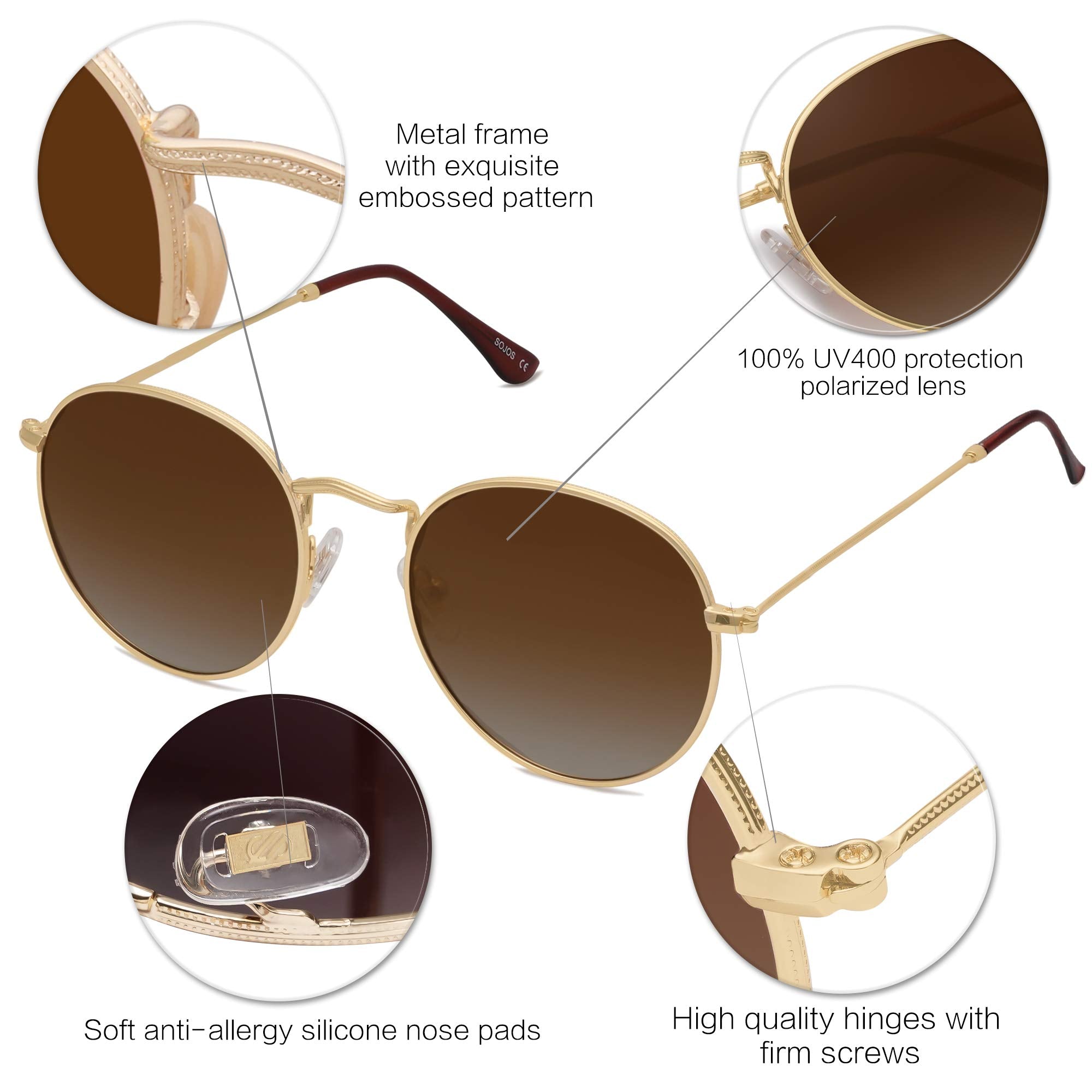 SOJOS Small Round Polarized Sunglasses for Women Men Classic Vintage Retro Shades UV400 SJ1014, Gradient Brown