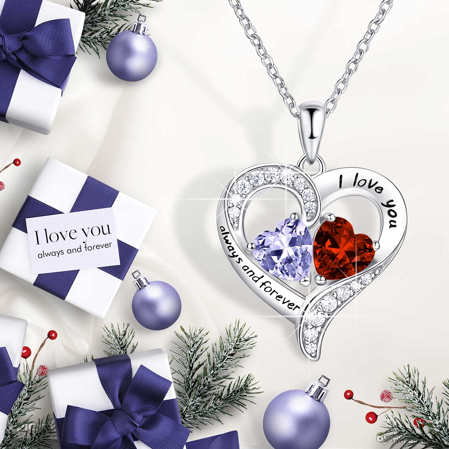 BlingGem Necklaces for Women Sterling Silver Personalized Heart Pendant Necklace with 2 Customized Birthstones 5A Cubic Zirconia I Love You Always and Forever Gift for Women Mom Wife