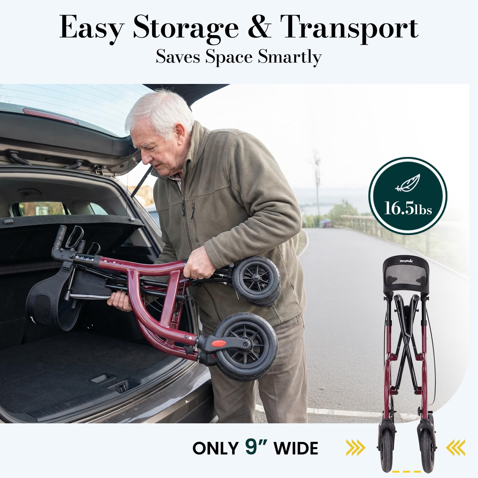 HolyHeal Walkers for Seniors, Rollator Walker with Seat and Backrest, 10" Big Wheels All Terrain, Rolling Walker Foldable Supports 350lb, Lightweight & Height Adjustable, Cane & Cup Holder, Burgundy