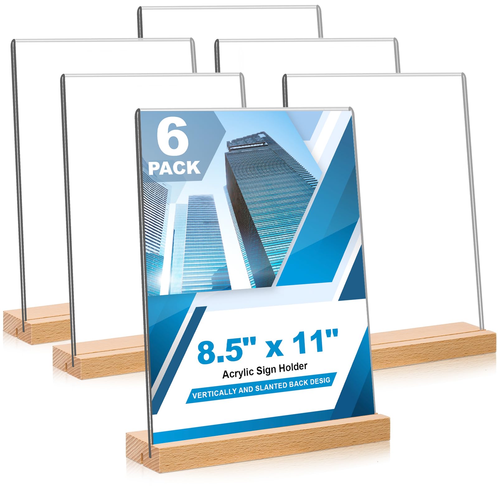 Daofary 6 Pack Acrylic Sign Holder 8.5 x 11 in, L/T Shape Clear Acrylic Frames Wood Base, Plastic Sign Holder Standing - Table Menu Display Stand for Restaurant