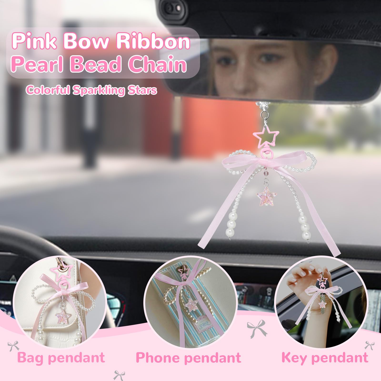 Cute Pink Bow Rearview Mirror Hanging Ornament