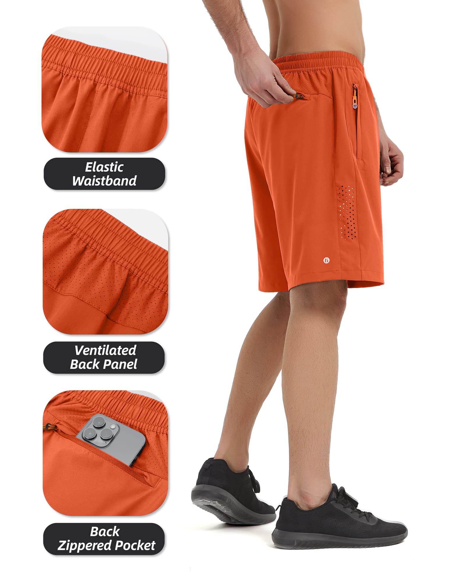 HIFEOS Mens Athletic Shorts -Running, Tennis Gym Workout Shorts for Men 5"/7"/9"- Comfort, Lightweight, 3 Zippered Pockets Orange