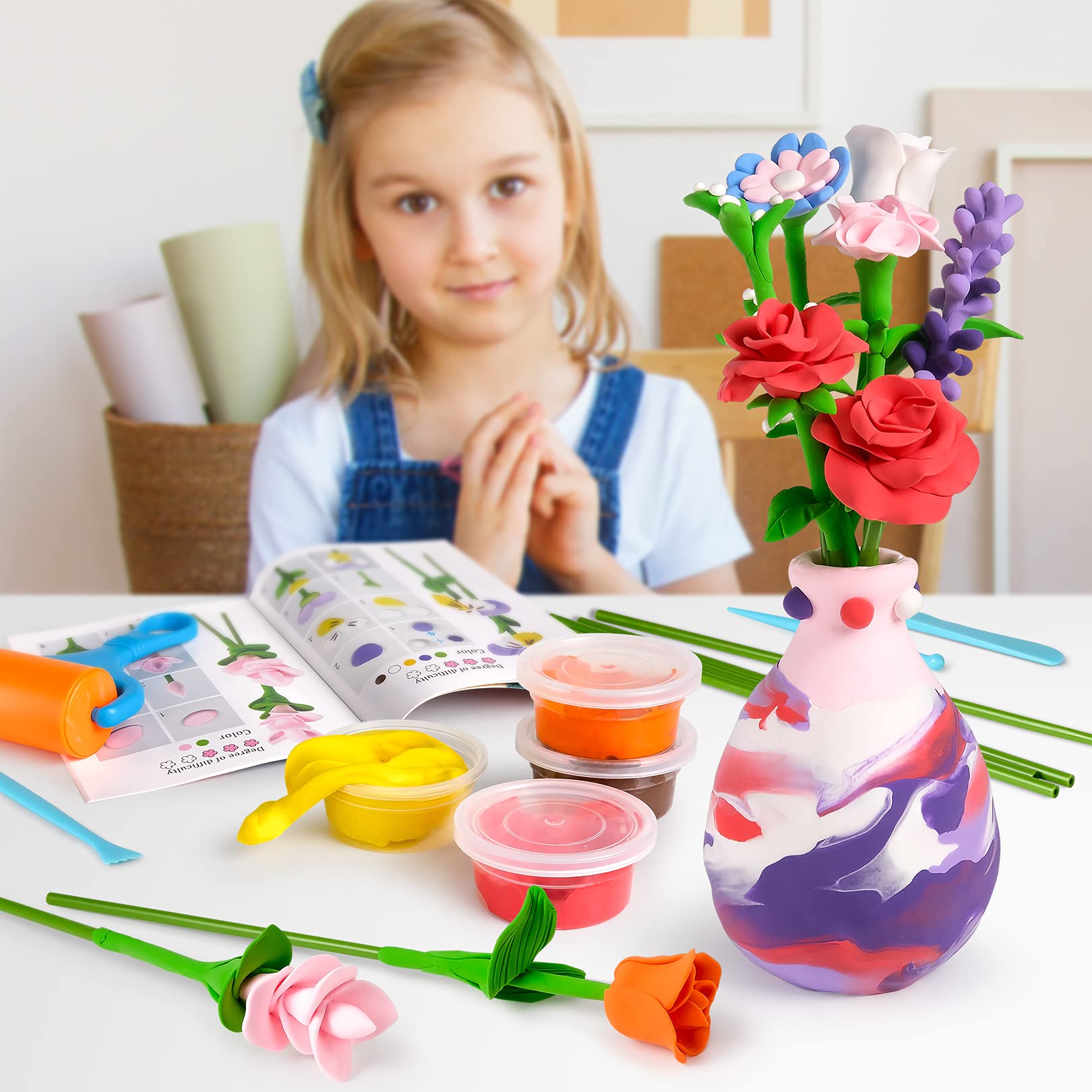 Drama Planet Flower Craft Kit for Kids, Make Your Own Flower Bouquet with Air Dry Clay, Arrange Clay Flowers & Create Personalized Art, Great Gifts for Girls