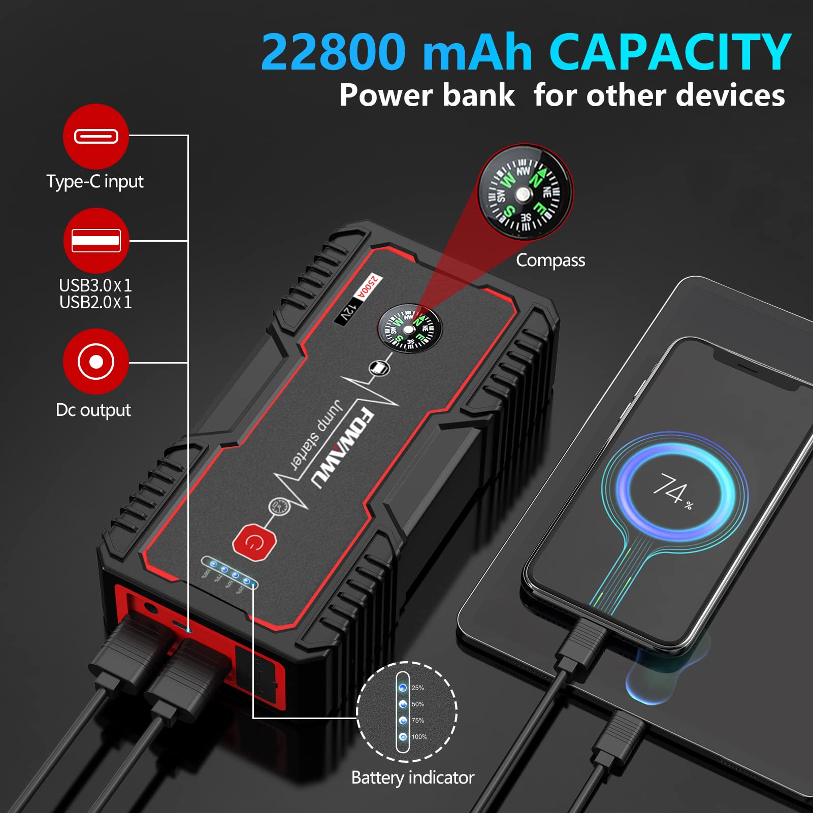 FOWAWU Car Jump Starter 2500A Peak 22800mAh Portable Jump(Up to 8.0L Gas and 6.5L Diesel), Battery Car Jump Battery Booster Pack with Smart Safety Jumper Cable, LED Light USB DC 12V Output