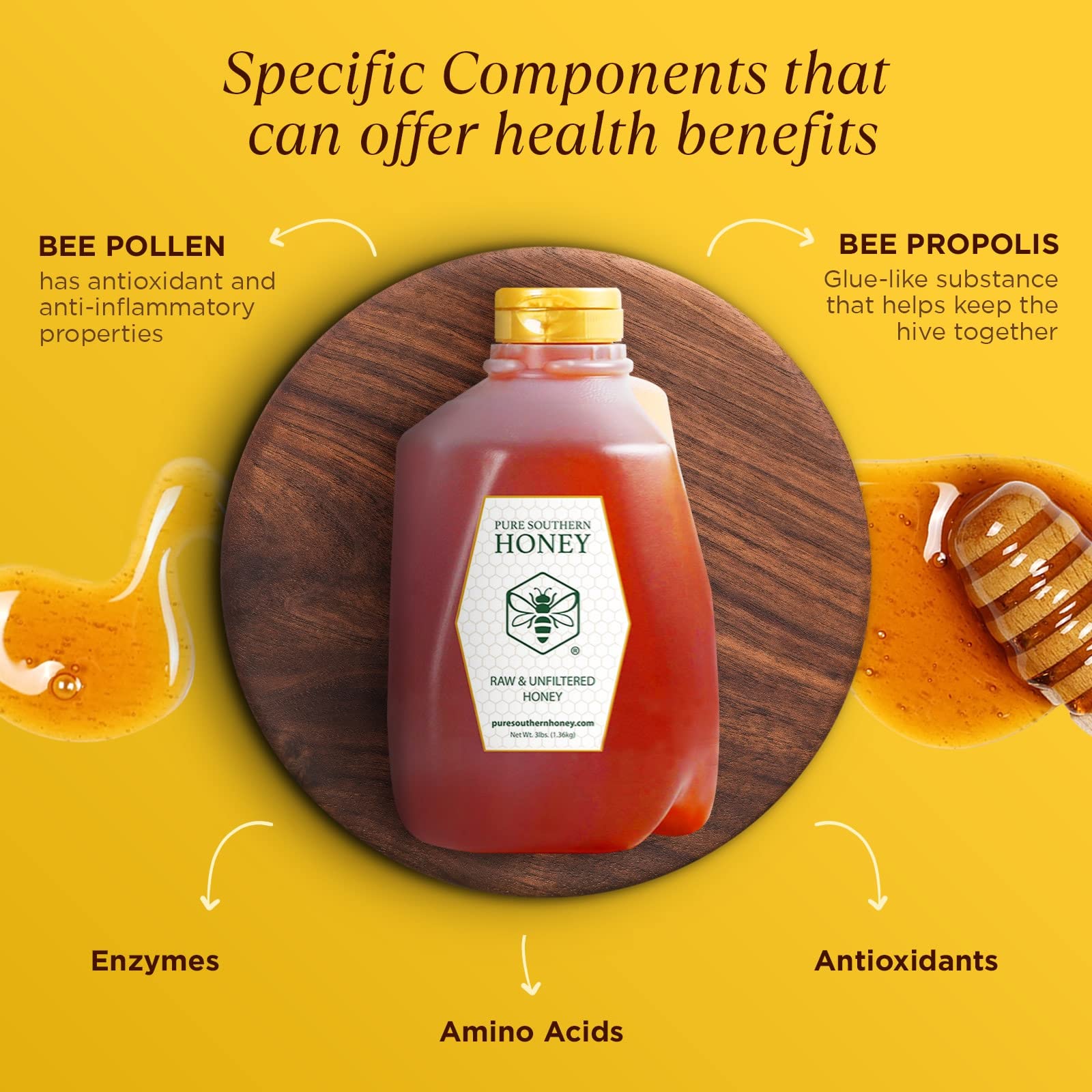 100% Raw Unfiltered Honey , Bulk by Pure Southern Honey [ 3 lb] - Authentic, USA - Made Gallberry Honey - Pure Unheated Honey - Non - GMO, Unsweetened, Sugar - Free, Real American Honey - Pour Jug With Flip Top