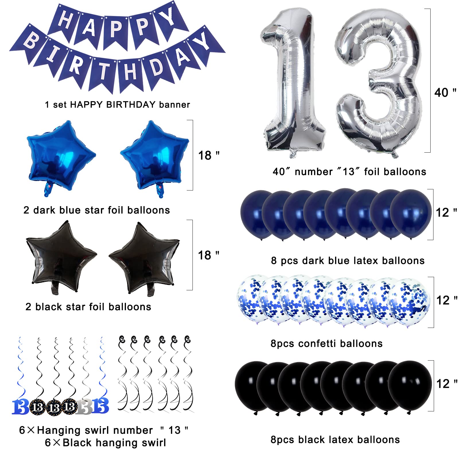 13th Birthday Decorations for Boys Dark Blue, HAPPY BIRTHDAY Banner and Silver Number 13 Balloons, Deep Blue Theme Party for Girls - 13 Years Old Birthday Party Supplies Kit for Teenager and Kids