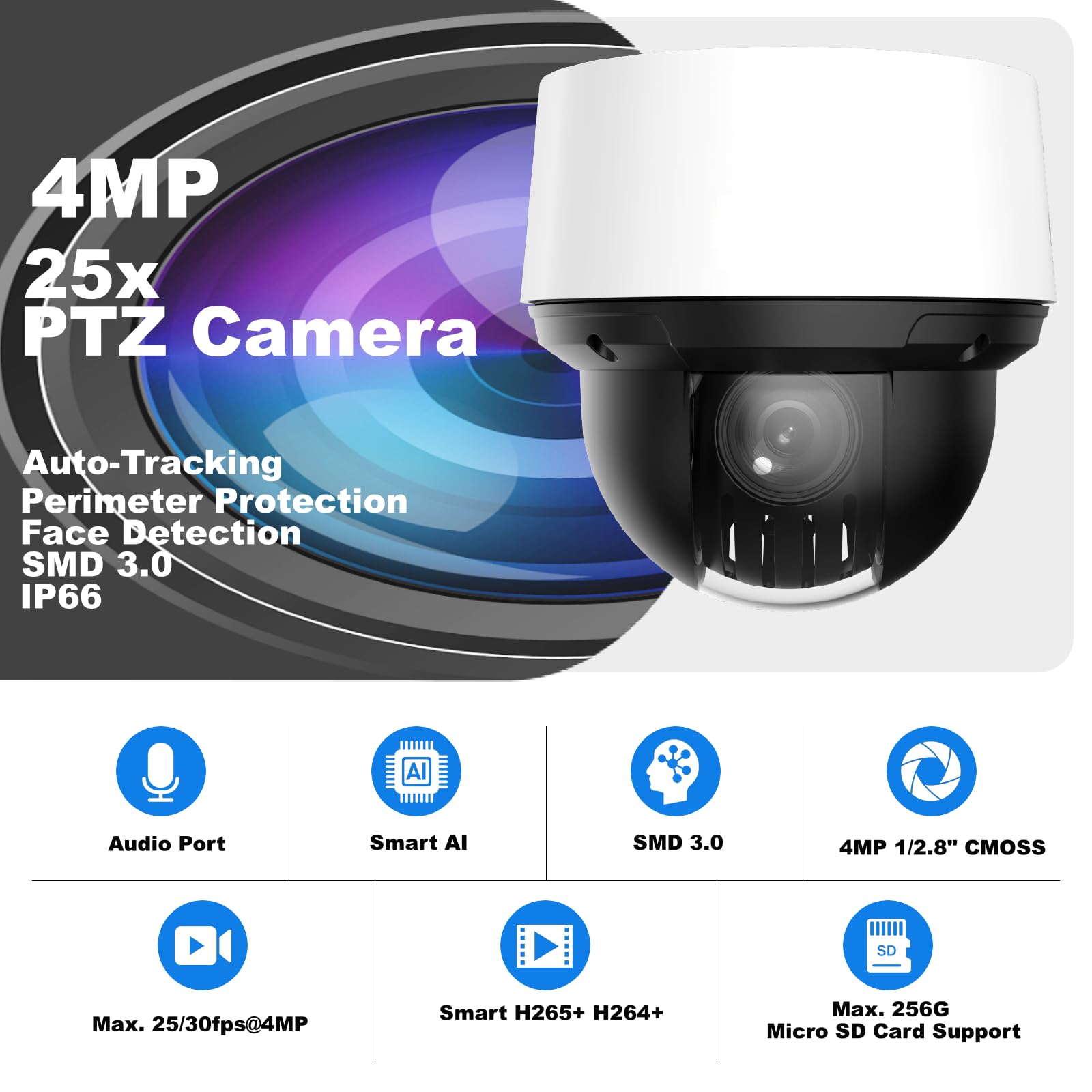 EmpireTech Starlight 4MP 25x 1/2.8" CMOS IR Smart PTZ Camera, 5mm–125mm Lens, Auto-Tracking Support,Perimeter Protection,SMD 3.0, IP66, IK10 Protection, Mini PTZ Camera PTZ425DB-AT