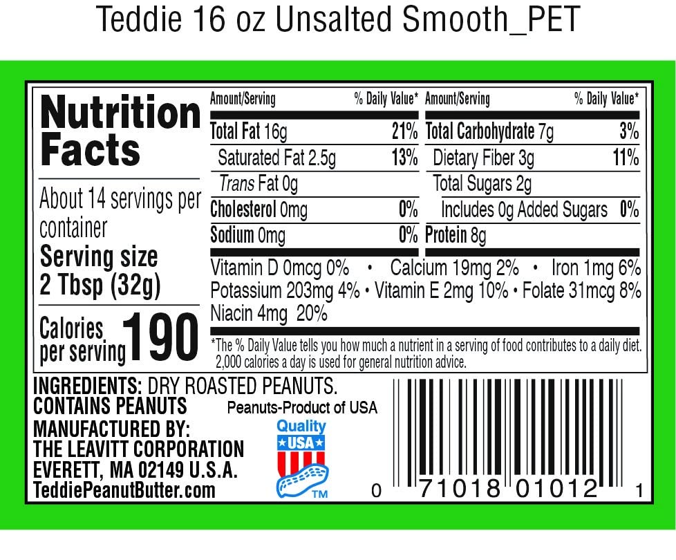 Teddie All Natural Peanut Butter, Unsalted Smooth 1pk, Gluten Free & Vegan, 16 Ounce (Unsalted Smooth, Pack of 1)