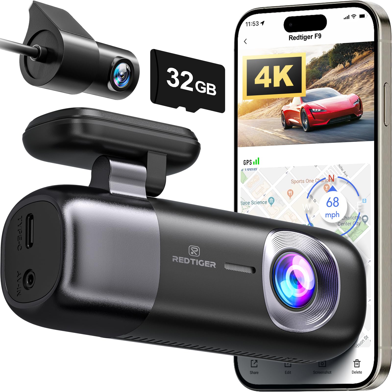 REDTIGER F9 Dash Cam 4K Front and Rear 1080P, WiFi GPS Car Camera with 32GB Card, Dual Dash Camera for Cars, Loop Recording, Night Vision, Parking Mode, Smart App Control, Support 256GB Max