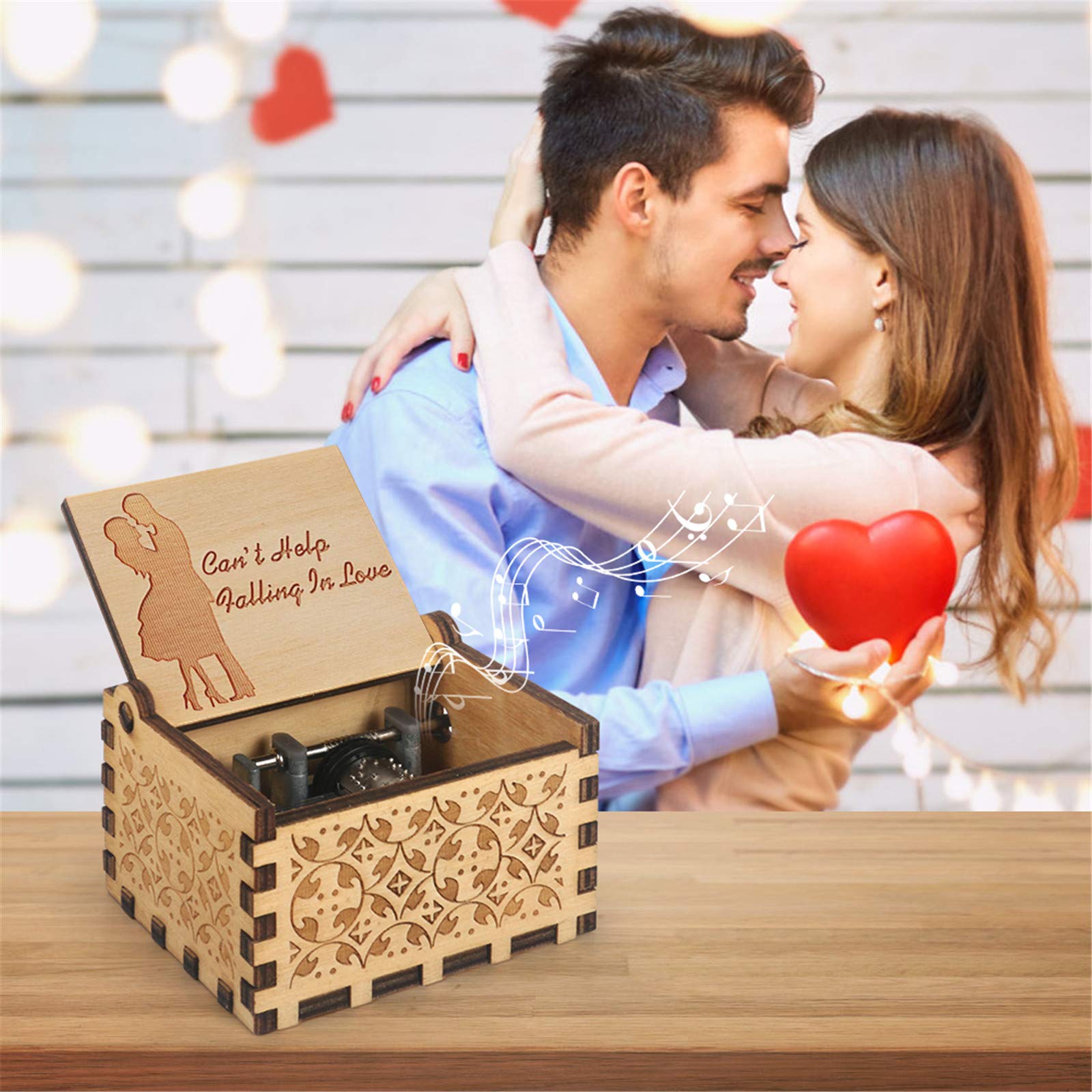 Can't Help Falling in Love Wood Music Box Hand-Operated Antique Engraved Cute Musical Boxes Gift for Love One, Boyfriend, Girlfriend, Husband,Wife Birthday/Wedding Day/Christmas Day Present