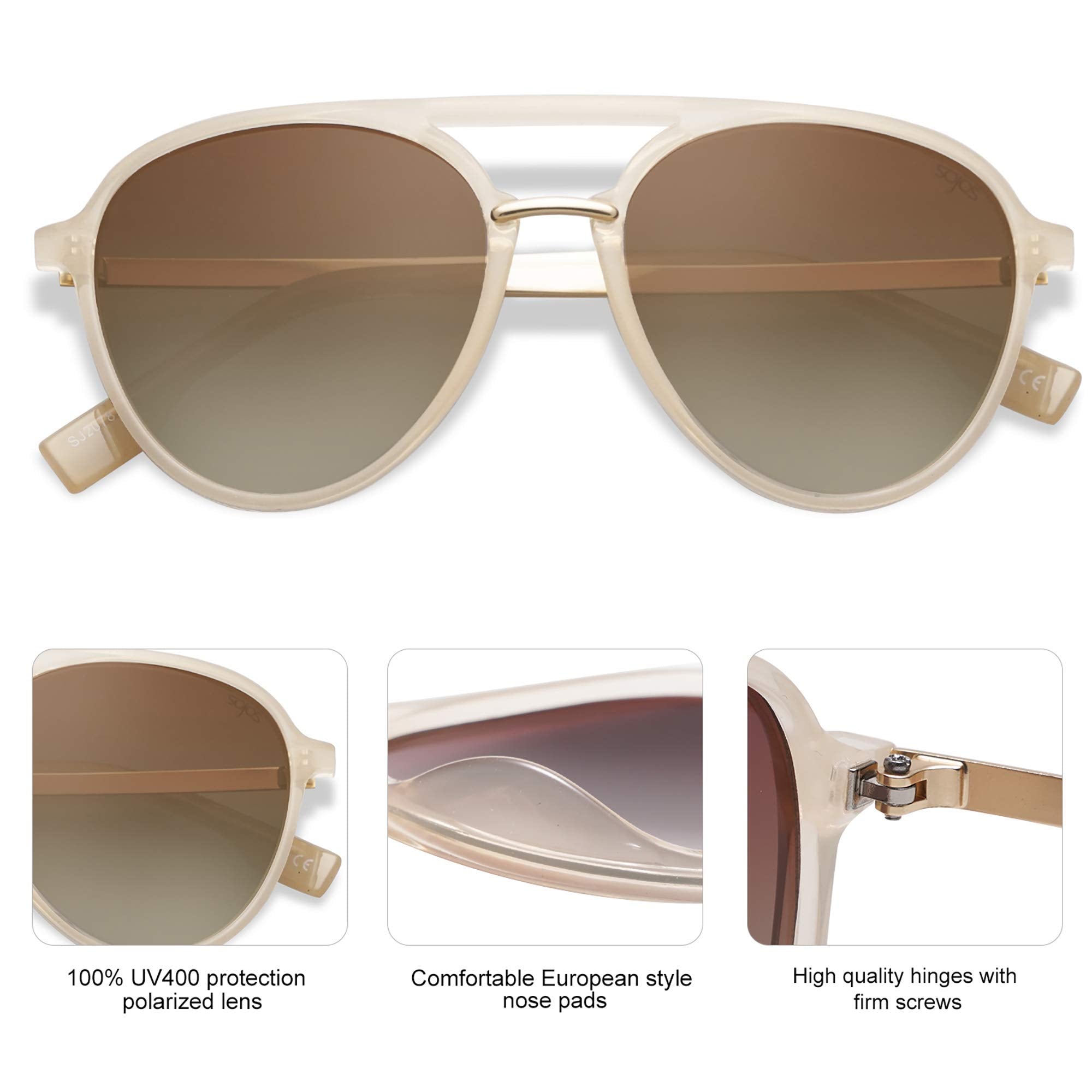 SOJOS Retro Aviator Polarized Sunglasses for Women Men Double Bridge Ladies Shades SJ2078 with Crystal Pink Frame/Gradient Brown Lens