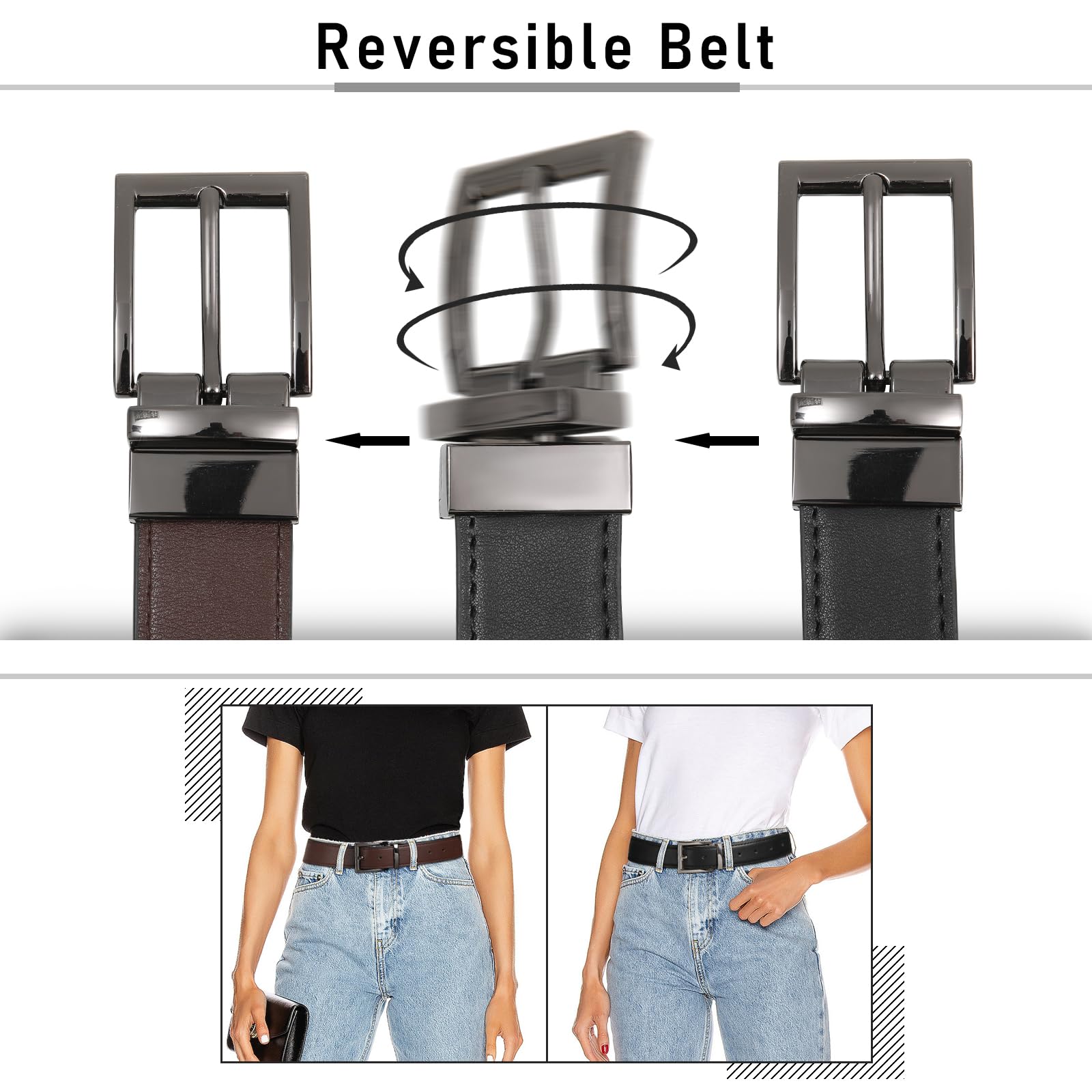 AWAYTR Reversible Leather Belt for Women - Two Color-in-One Belt for Jeans Women Men Belt with Rotated Buckle(Coffee/Black with Gun Color Buckle 39in(100cm))