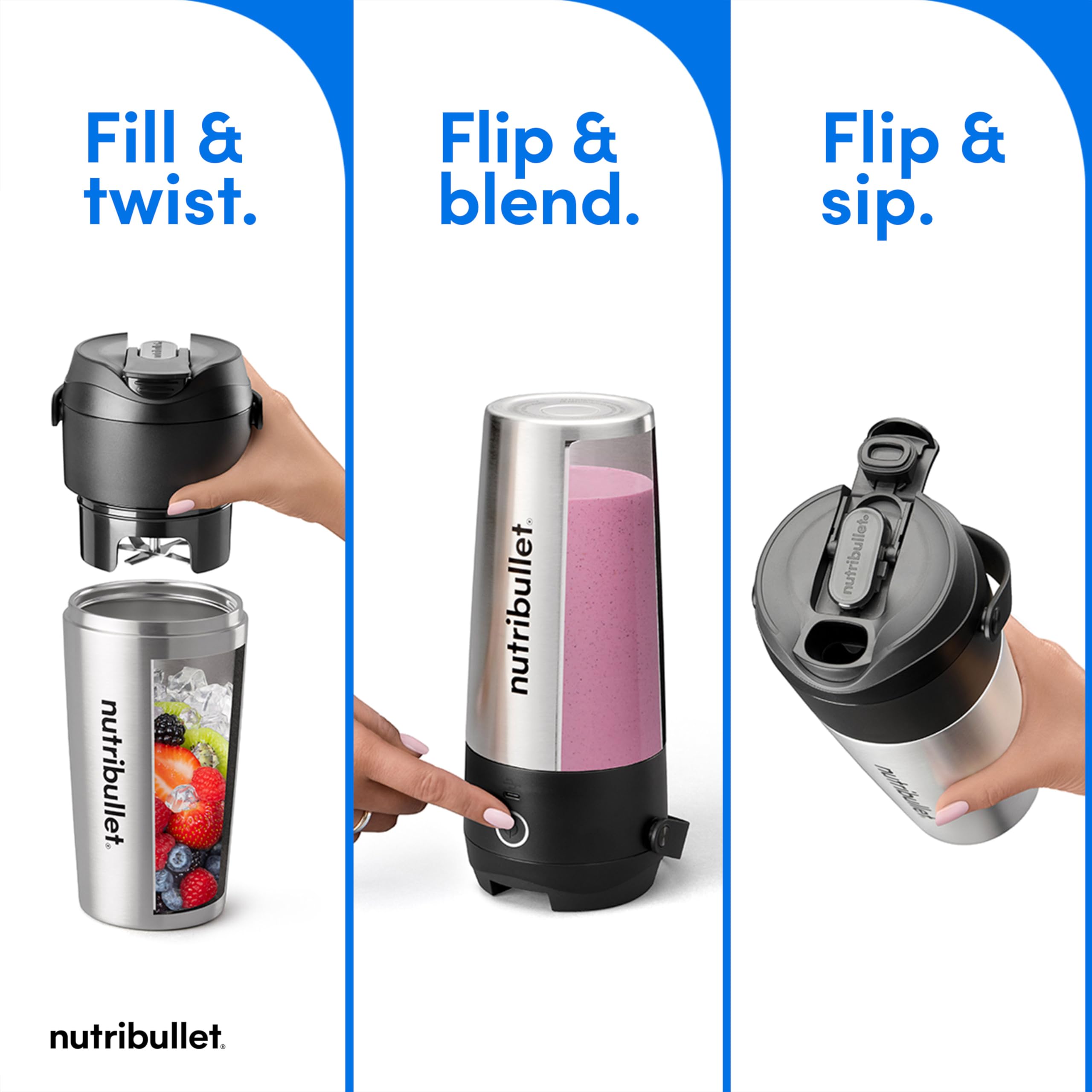 nutribullet Flip Portable Blender with Insulated Cup, Cordless, Brushed Stainless, NBPB50350SS