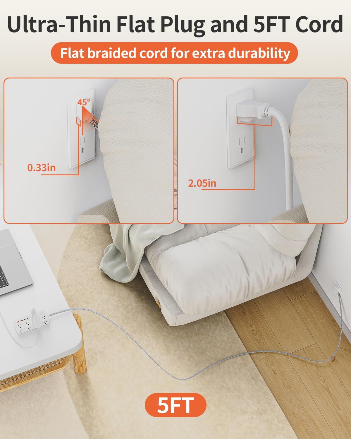 DEPOW Power Strip Surge Protector with 5FT Braided Flat Extension Cord, Wall Mount Charging Station with 8 Outlets 4 USB Ports(2 USB C), Ultra Thin Flat Plug for Home Office, Dorm, Hotel, Travel