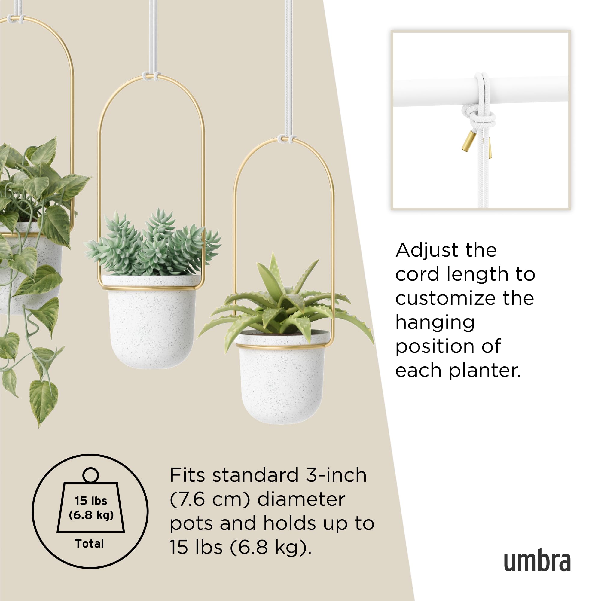 Umbra Triflora Hanging Planter for Window, Indoor Herb Garden, Set of 3, White/Brass