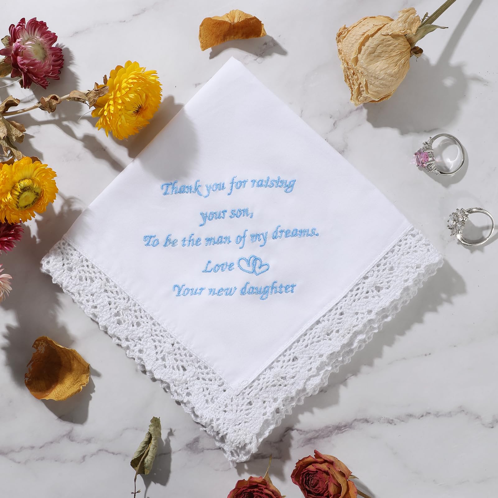 PACGOTH Wedding Handkerchiefs Something Blue for Bride, Mother Of The Bride Gifts Embroidered White Lace Handkerchiefs (Parents of Groom)