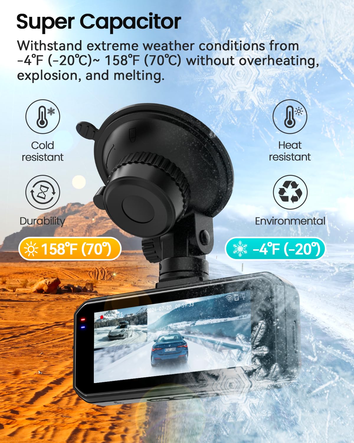 Dash Cam Front and Rear, 4K UHD Dual Dash Camera for Cars, 3.16" IPS Dashboard Camera Recorder Built-in WiFi & APP Control, with Free 64GB SD Card, 24H/7 Parking Mode, WDR, Supercapacitor