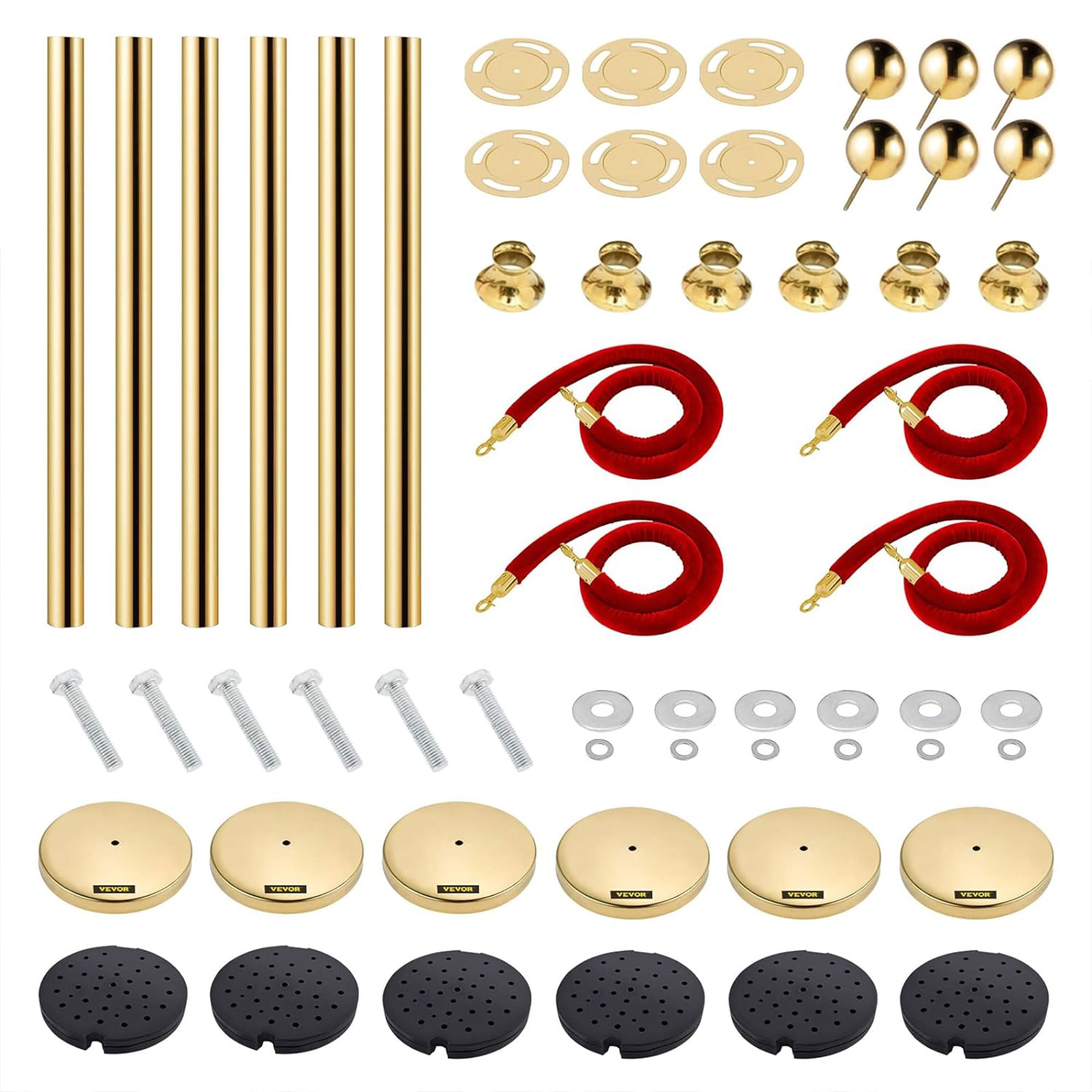 Vevor Velvet Ropes and Stanchion Post with Ball Top and Four Way Connection for Crowd Control Barriers, Safety, and Protection, Gold