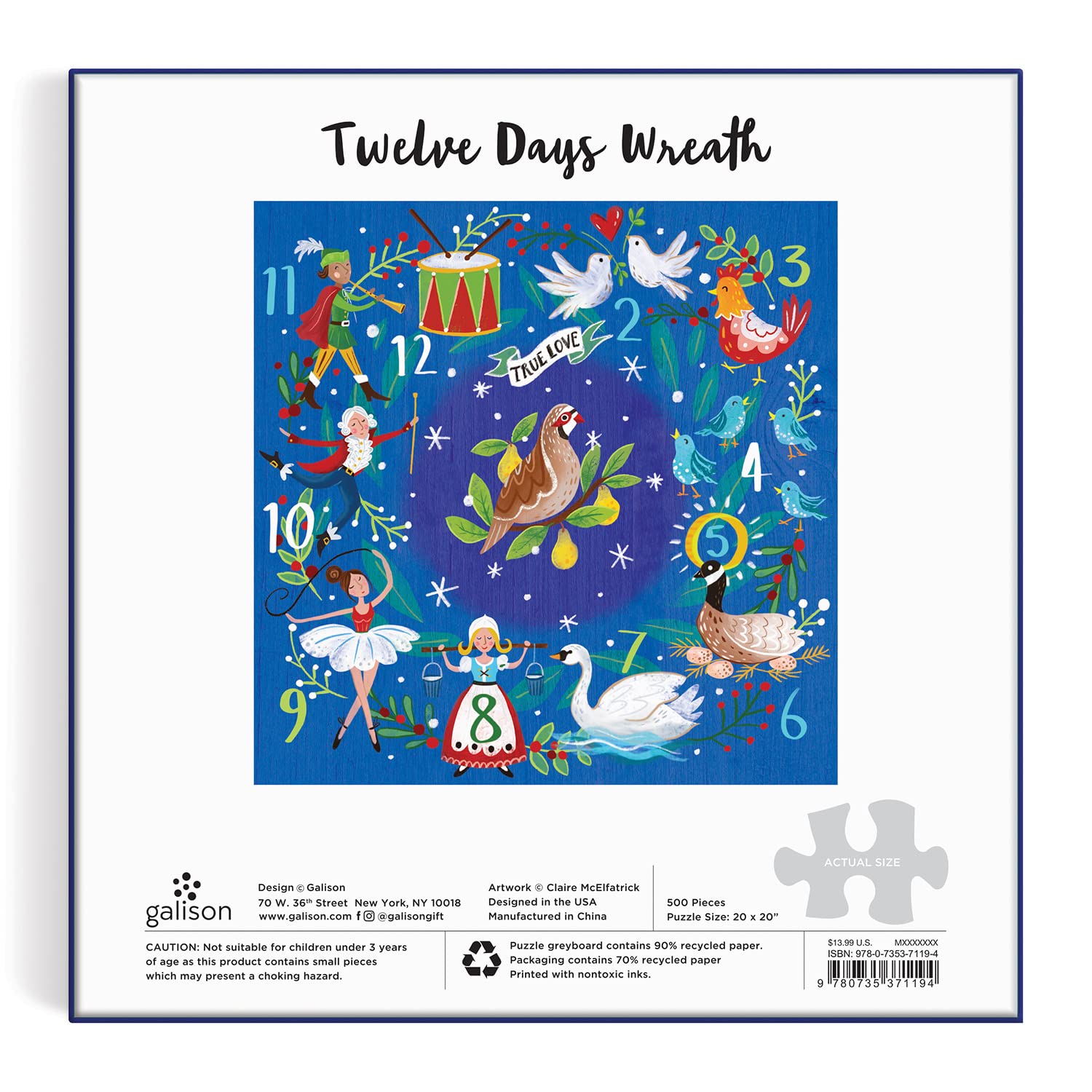 Galison 12 Days Wreath 500 Piece Puzzle - Whimsical Holiday Puzzle for Adults, Jigsaw Puzzle Illustrating The Joyous 12 Days of Christmas, Fun Indoor Activity