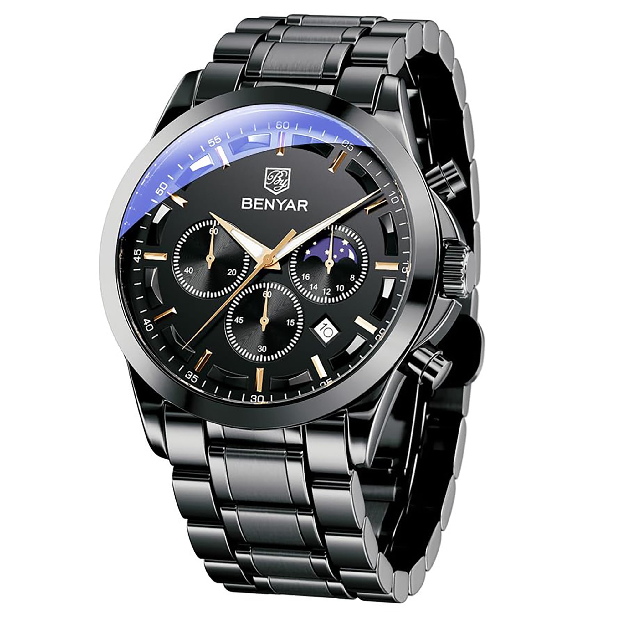 BY BENYAR Watches for Men Analog Watch Mens Watches Waterproof Watch Black Watches Quartz Chronograph Date Men's Wrist Watches Stainless Steel Casual Luxury Gifts for Men Unique Mens Dress Watch