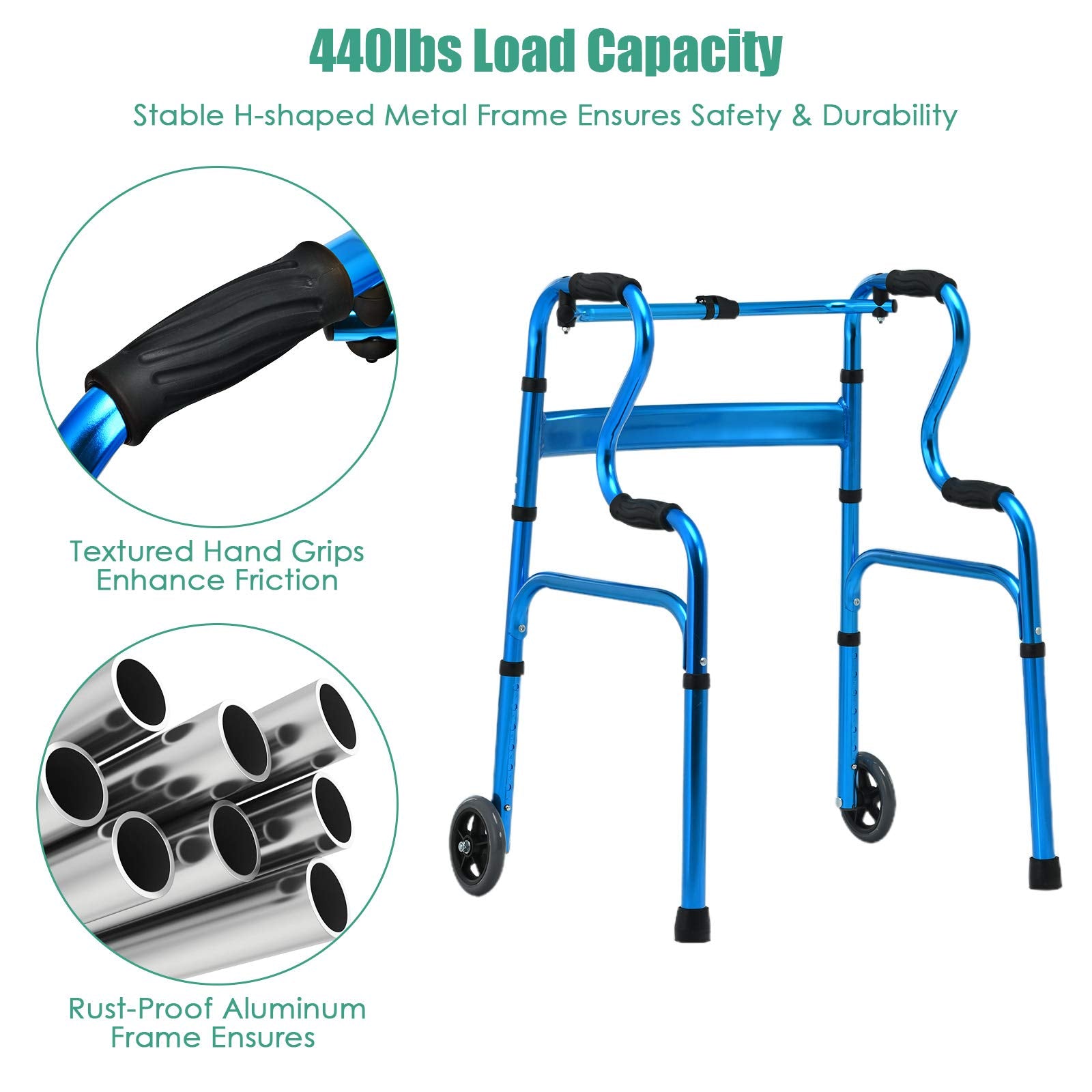 Goplus 3-in-1 Stand-Assist Folding Walker with 5" Wheels, Heavy Duty Walking Mobility Aid Supports up to 440lbs, Can be Used as Toilet Safety Rail, Narrow Drive Walkers for Seniors Elderly Adult
