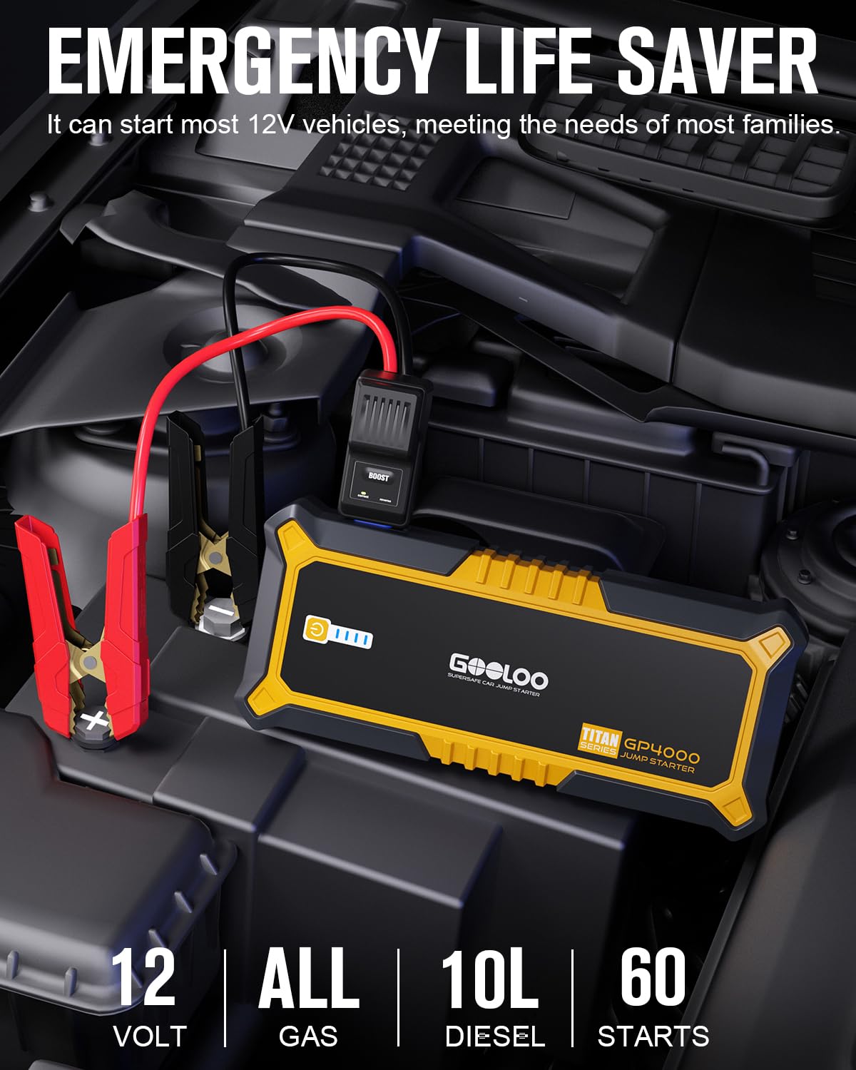 GOOLOO GP4000 Jump Starter 4000A Peak Car Starter (All Gas,up to 10.0L Diesel Engine) SuperSafe 12V Lithium Jump Box,Auto Battery Booster Pack,Portable Power Bank with USB Quick Charge and Type C Port