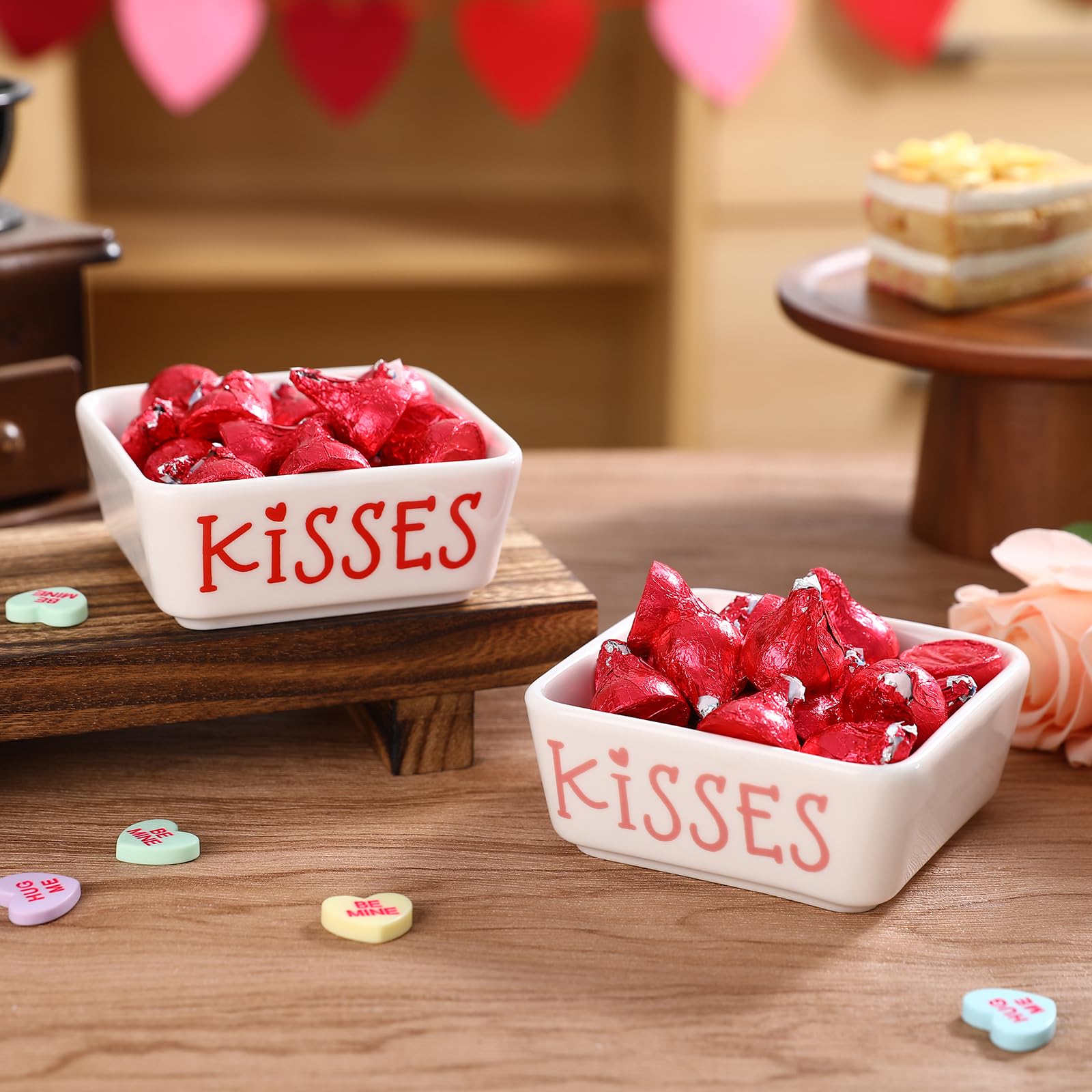 Valentines Day Decorations -2pcs Ceramics Valentines Candy Mini Dish-Valentines Chocolate Candy Storage for Home Kitchen Tiered Tray Table Party Centerpieces Decor