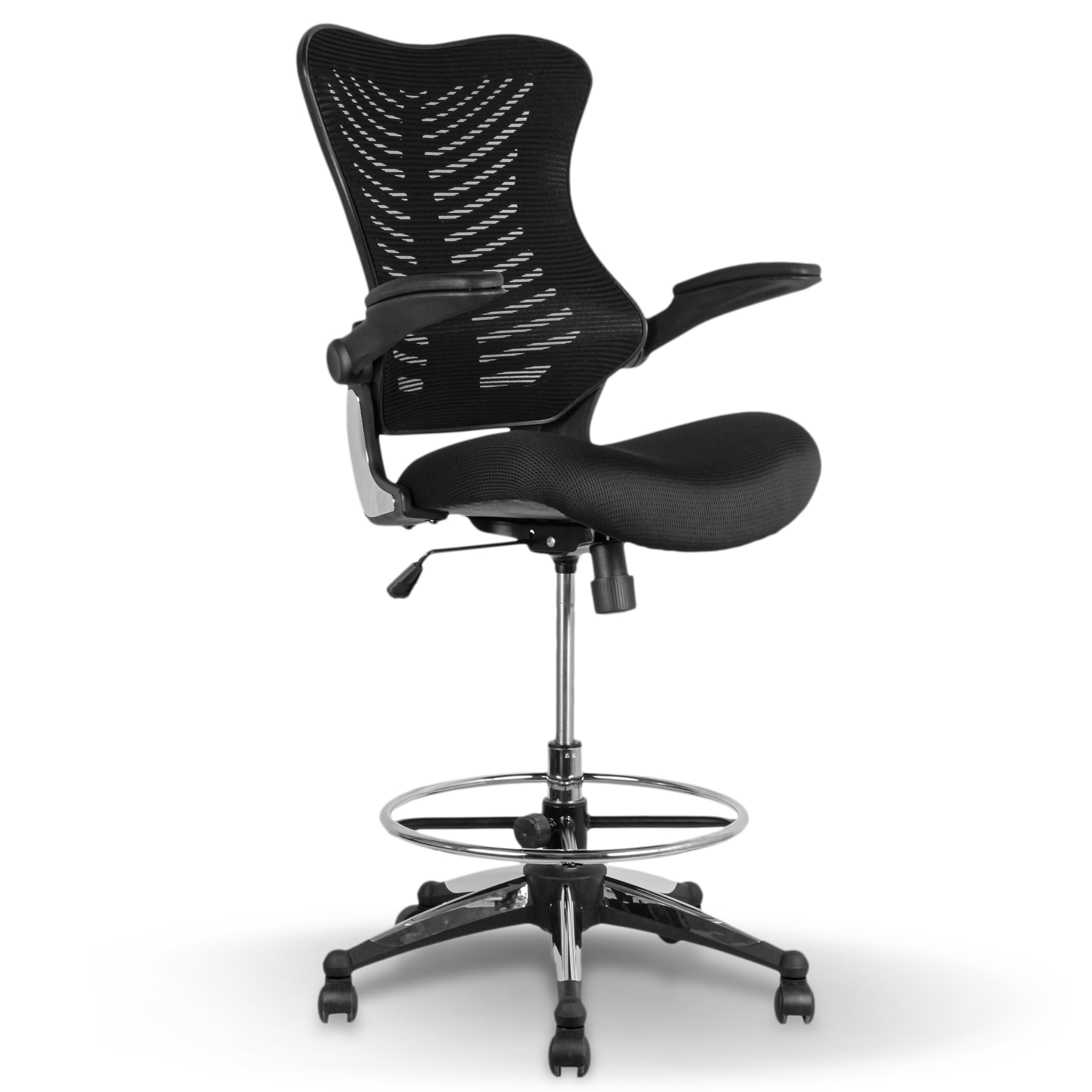 OfficeFactor Ergonomic Drafting Chair Tall Office Chair Standing Desk Chair Flip up Armrests Molded Foam Seat with Adjustable Footrest Ring Lumbar Support (Black MESH Fabric)