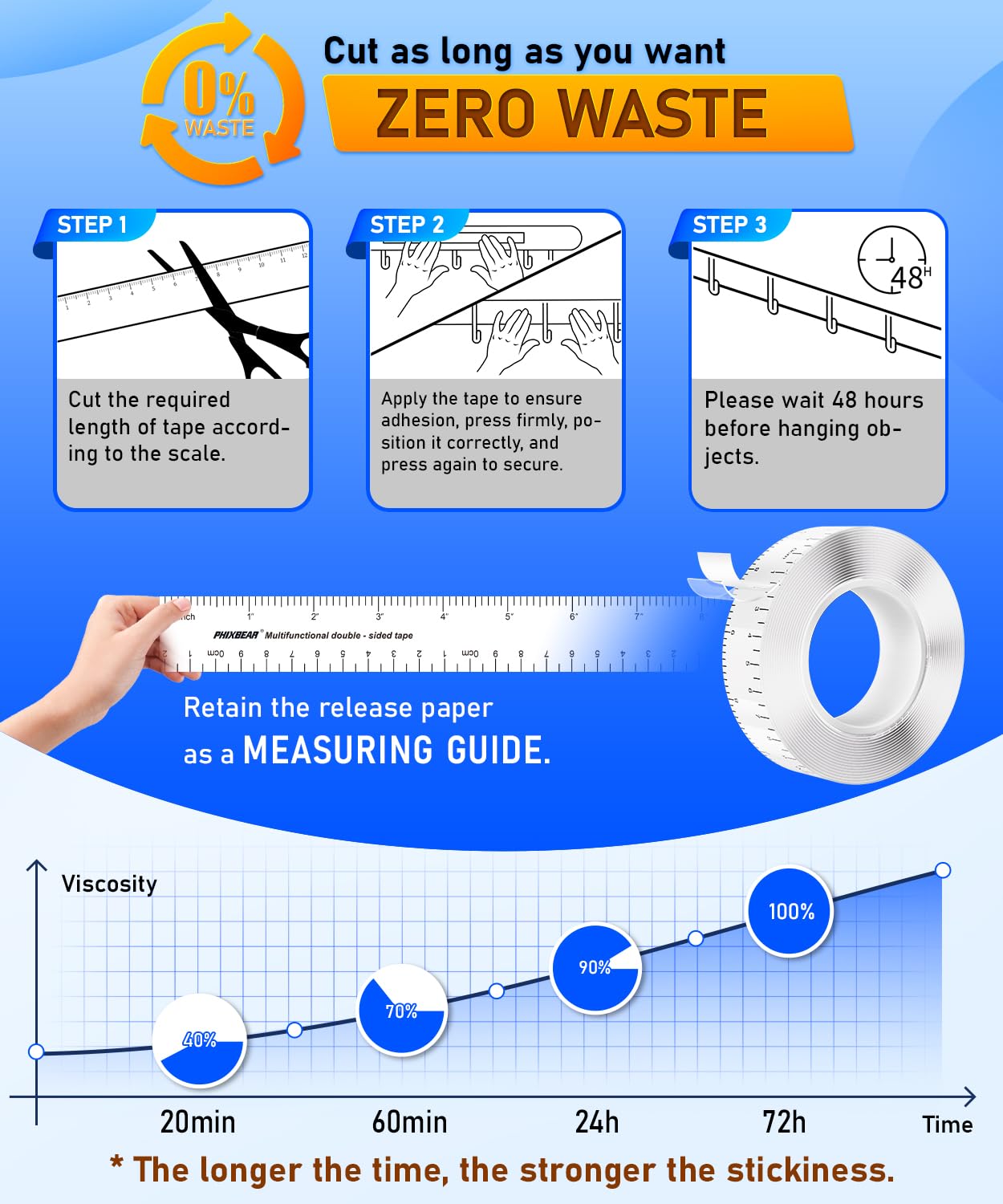 PHIXBEAR Heavy Duty Mounting Tape with Inch Measure Mark, Removable Clear Traceless Double Sided Strong Adhesive Tape for Wall, Carpet, Poster, Dorm Room, No Residue 1.18" x 15Ft