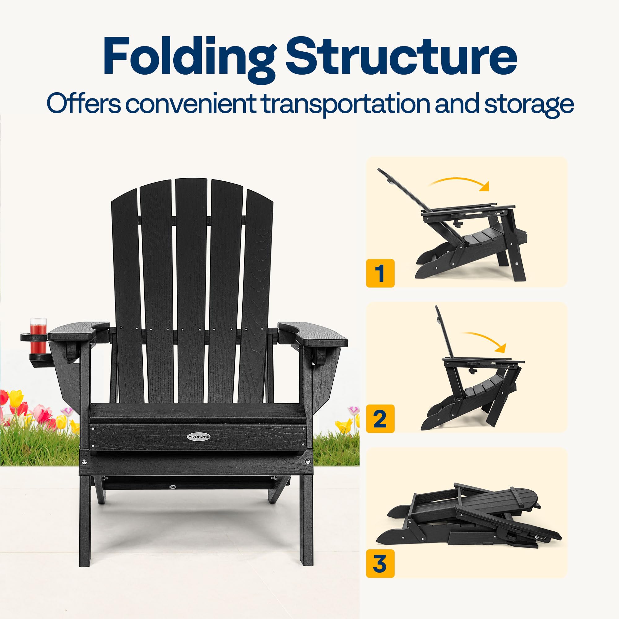 VIVOHOME HDPE Adirondack Chair, Foldable Fire Pit Chair with 3 Adjustable Angles, Cup Holder and Weather-Resistant Wood-Grain Look, Ideal for Patio, Garden, Deck