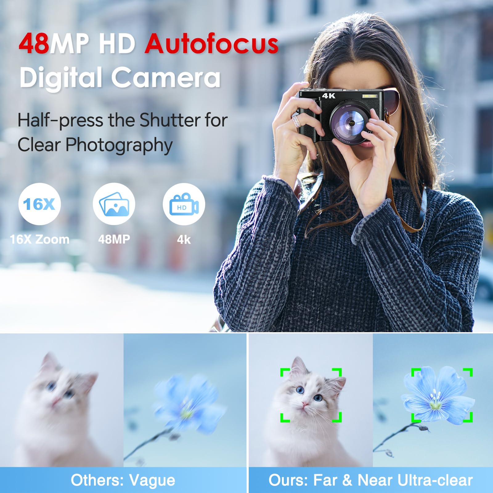 Newest 4K Digital Camera for Photography and Video, 48MP Vlogging Camera with SD Card Autofocus Anti-Shake, 3'' 180° Flip Screen 16X Zoom Digital Camera with Flash, Compact Digital Camera for Travel