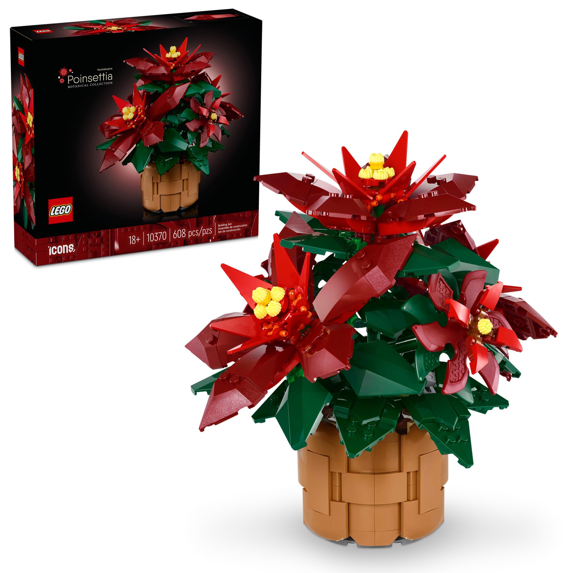 LEGO Icons Poinsettia Building Set - Artificial Flowers Christmas Decoration & Centerpieces for Table, Adults Ages 18+ - Gift Ideas for Mom, Dad, & Significant Other - 10370