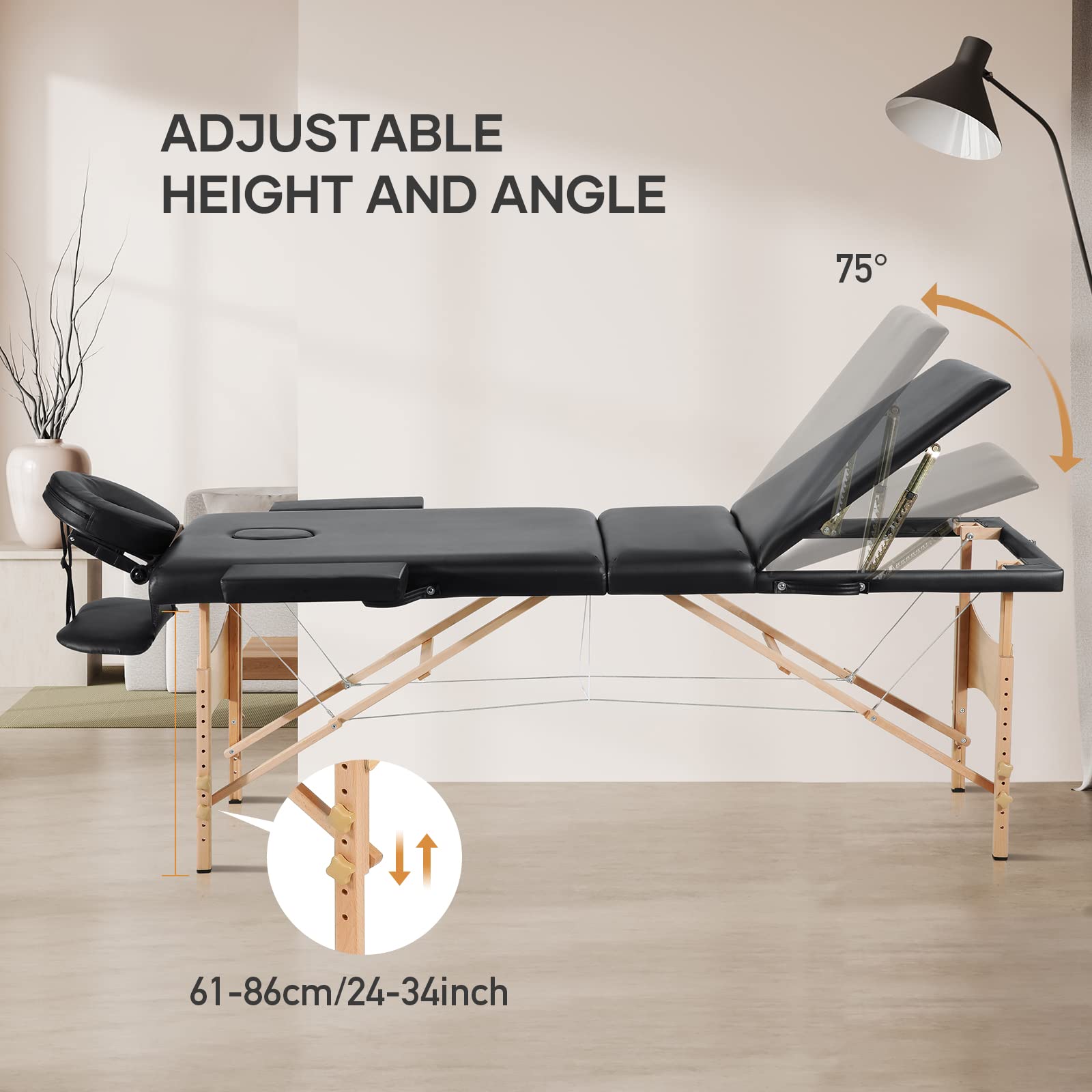 Careboda Professional Massage Table Foldable Massage Bed 3 Fold with 4cm High Density Sponge Robust Beechwood Legs Carrying Bag Full Accessories for Spa Salon Tattoo Beauty