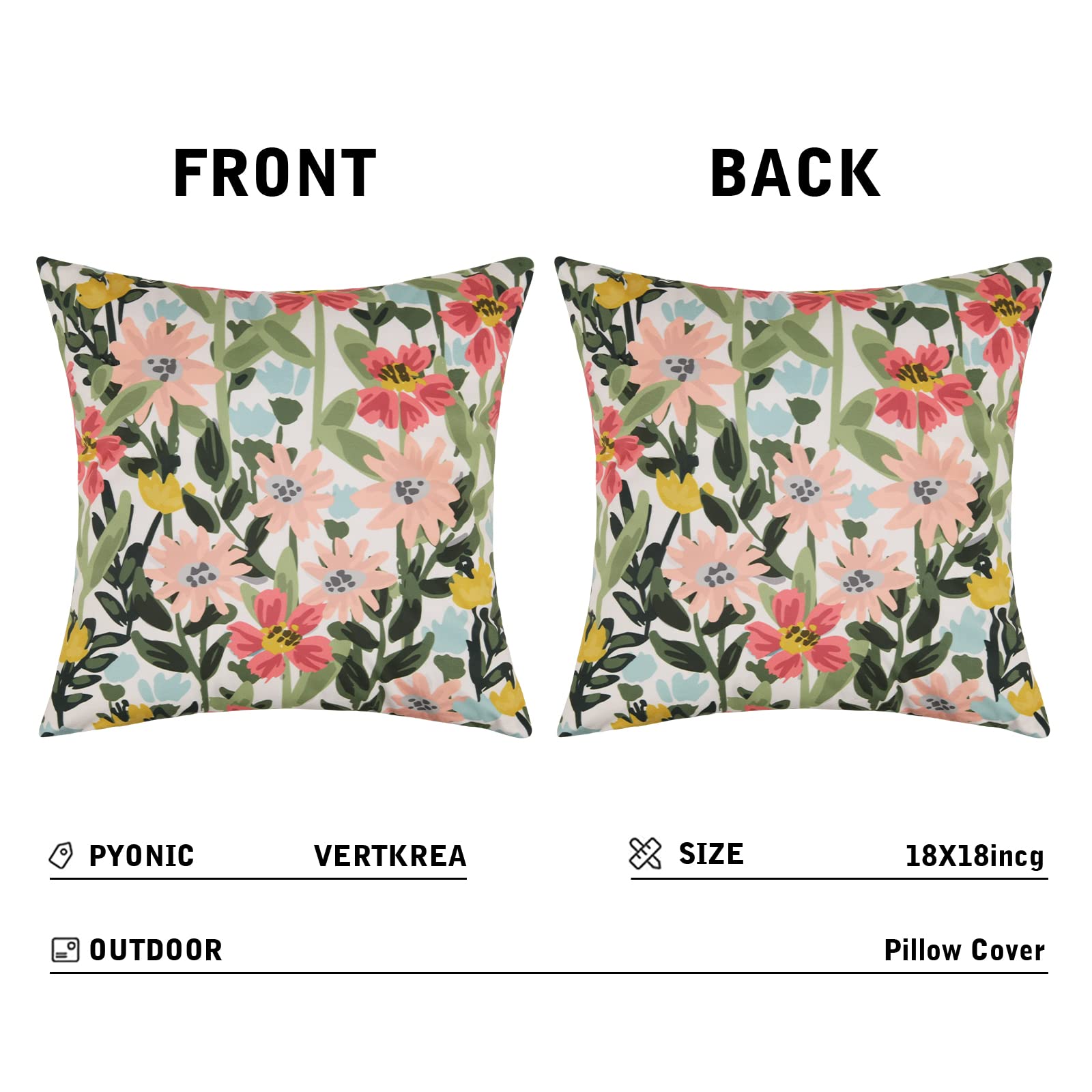 Pyonic Outdoor Pillows Cover Pack of 2 Floral Waterproof Throw Pillow Covers 18X18 inch Outdoor Pillows for Patio Furniture Garden Square Outdoor Waterproof Throw Pillows