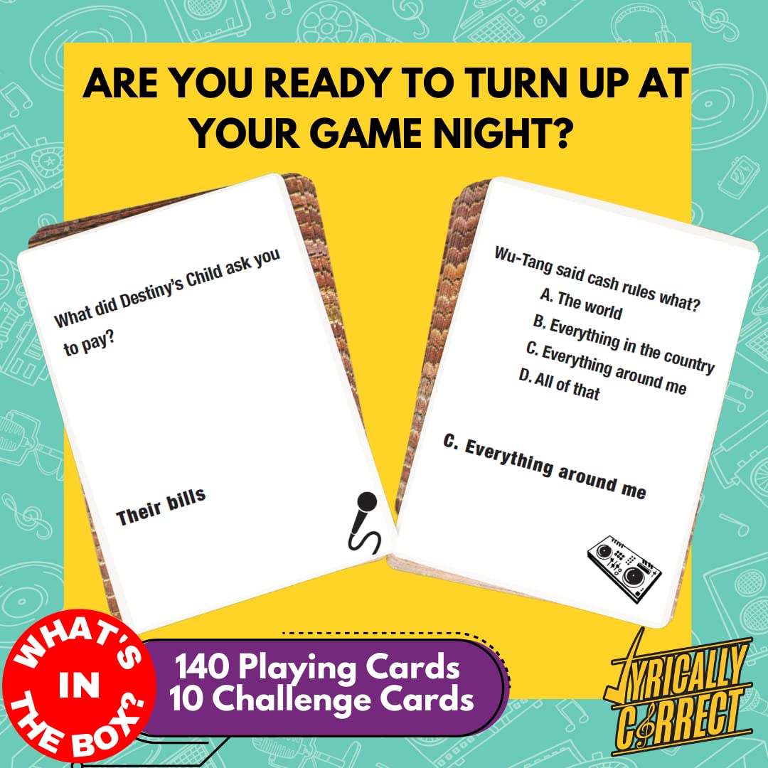 Lyrically Correct 90's and 2000's Hip Hop & R&B Music Trivia Card Game for Friends, Fun Party Game for Adults, Family Gatherings, Game Nights, and Finish The Lyrics Challenge