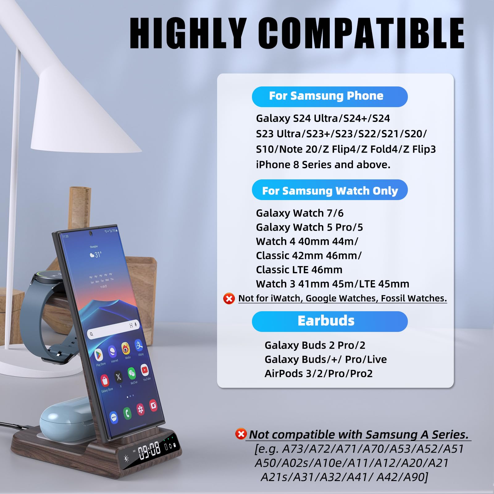 Wireless Charger for Samsung Charging Station, 3 in 1 Android Phone Wireless Charger for Samsung Galaxy S24 Ultra/S23 Ultra/Z Flip 6/Fold 6/Buds, Charger for Galaxy Watch 7/6/5/4 (for Samsung Only)