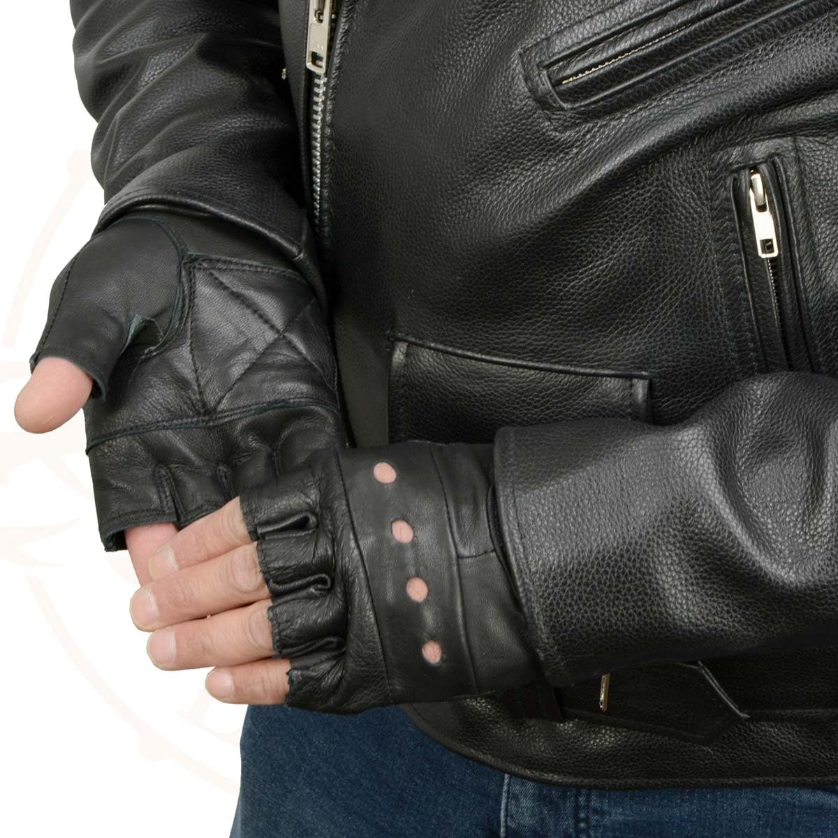 Milwaukee Leather SH216 Men's Black Leather Gel Padded Palm Fingerless Motorcycle Hand Gloves W/Breathable ‘Open Knuckle’ - Medium