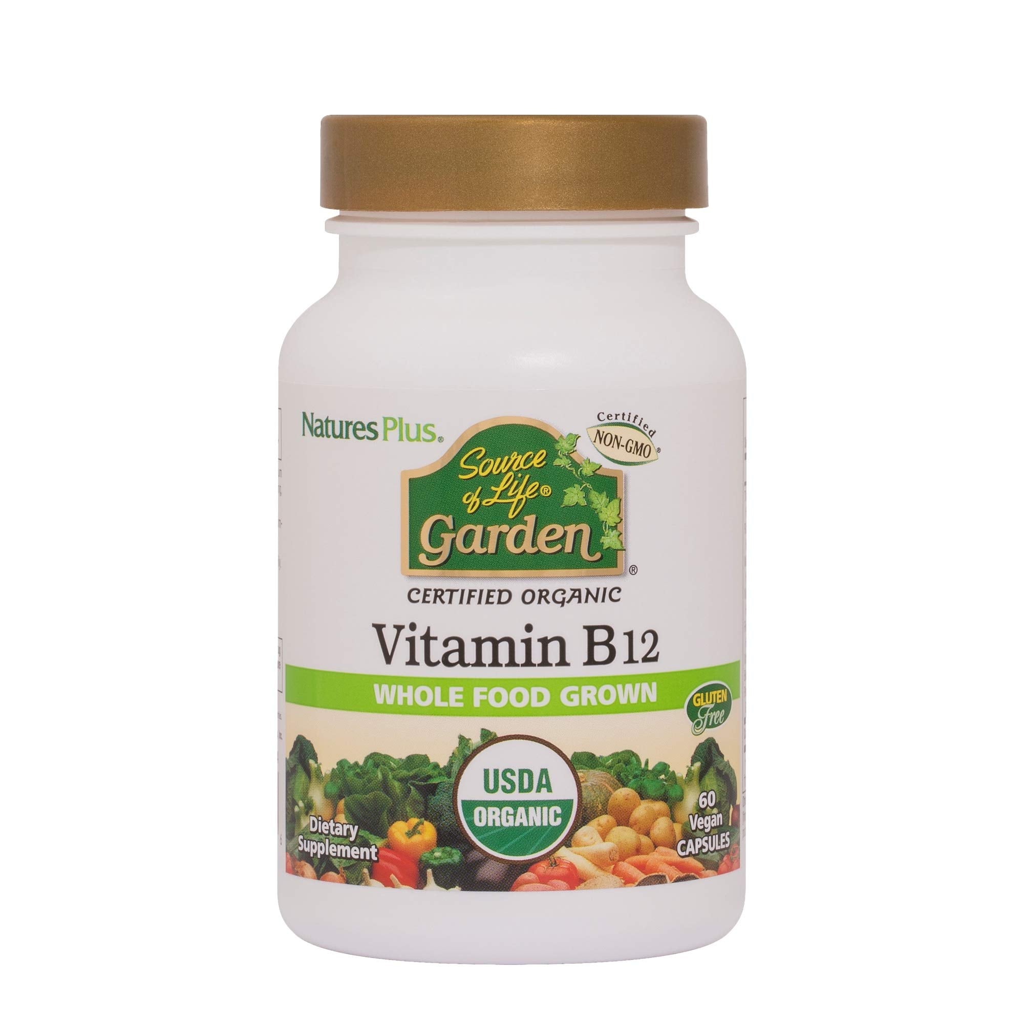 Natures Plus Source of Life Garden Certified Organic Vitamin B12-1000 mcg methylcobalamin, 60 Vegan Capsules - Whole Food Vitamin B12 Supplement - Energy Boost - Vegetarian, Gluten-Free - 30 Servings