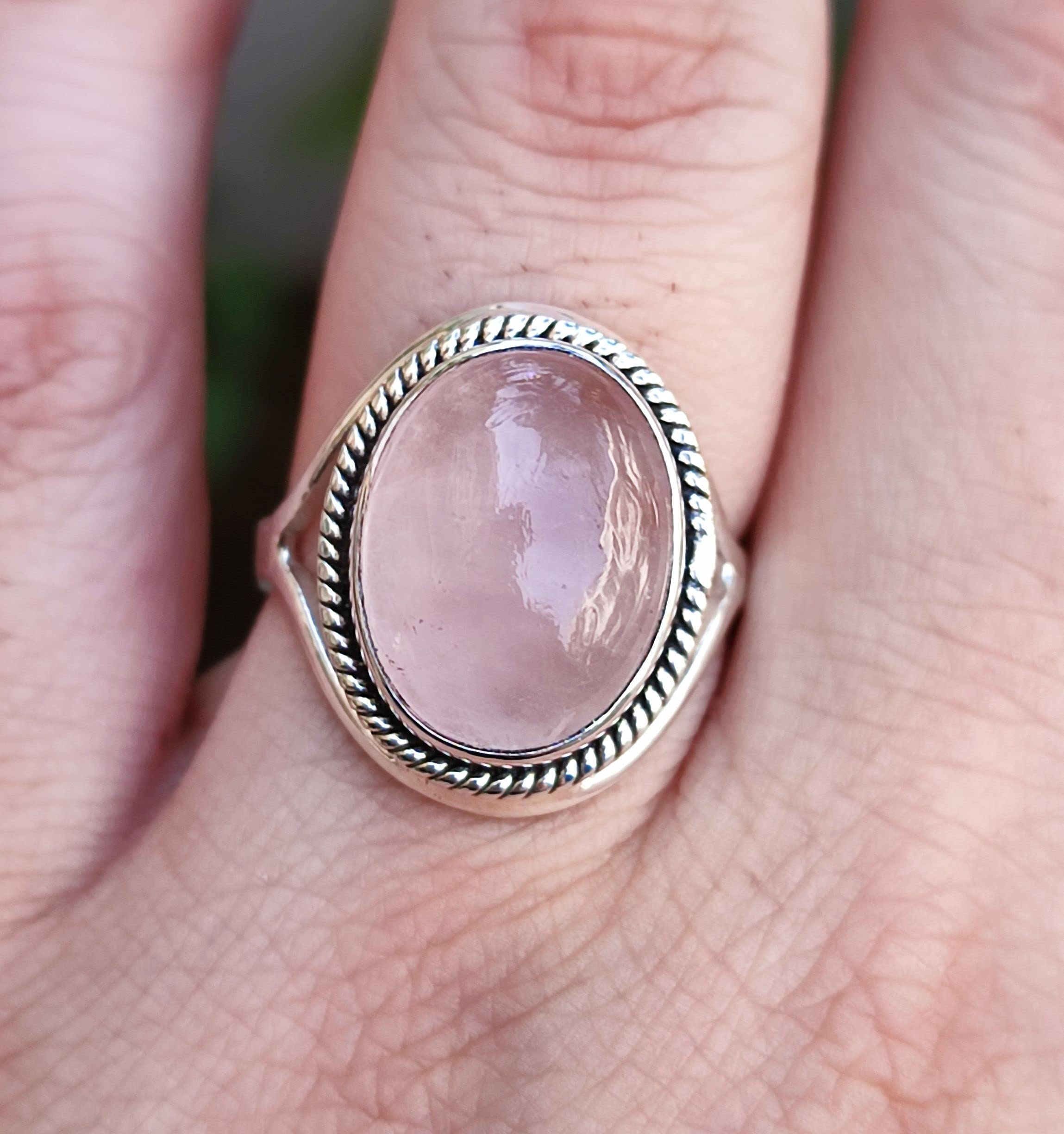 Navya Craft Rose Quartz Ring, 925 Sterling Silver Handmade Statement Promise Rings for Women, Natural Pink Oval Gemstone Boho Jewelry, January Birthstone, Gift for Her Birthday Anniversary (7.5)