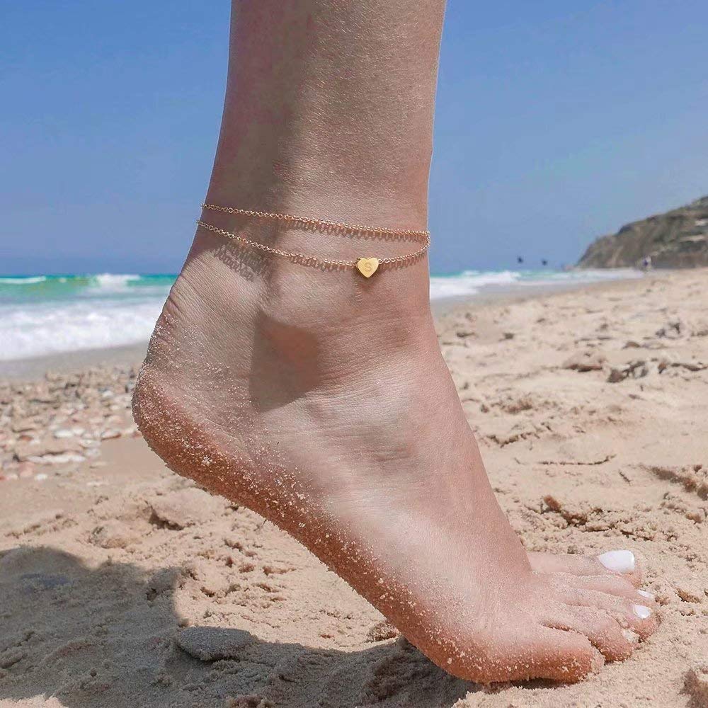 Turandoss Ankle Bracelets for Women with Initial, 14K Gold Filled Handmade Dainty Layered Anklet Letter Initial Heart Ankle Bracelets for Women Beach Jewelry Gifts Anklet with Initials I