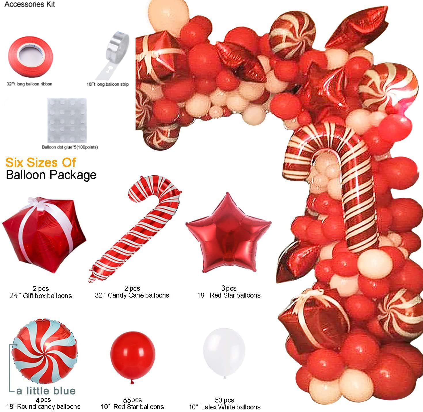 Bonropin Christmas Balloon Arch Kit - Red White Balloons, Candy Balloons, Red Star Foil Balloons, Candy Cane Foil Balloons, Box Foil Balloons for Xmas Balloon Garland Kit Christmas Party Decorations