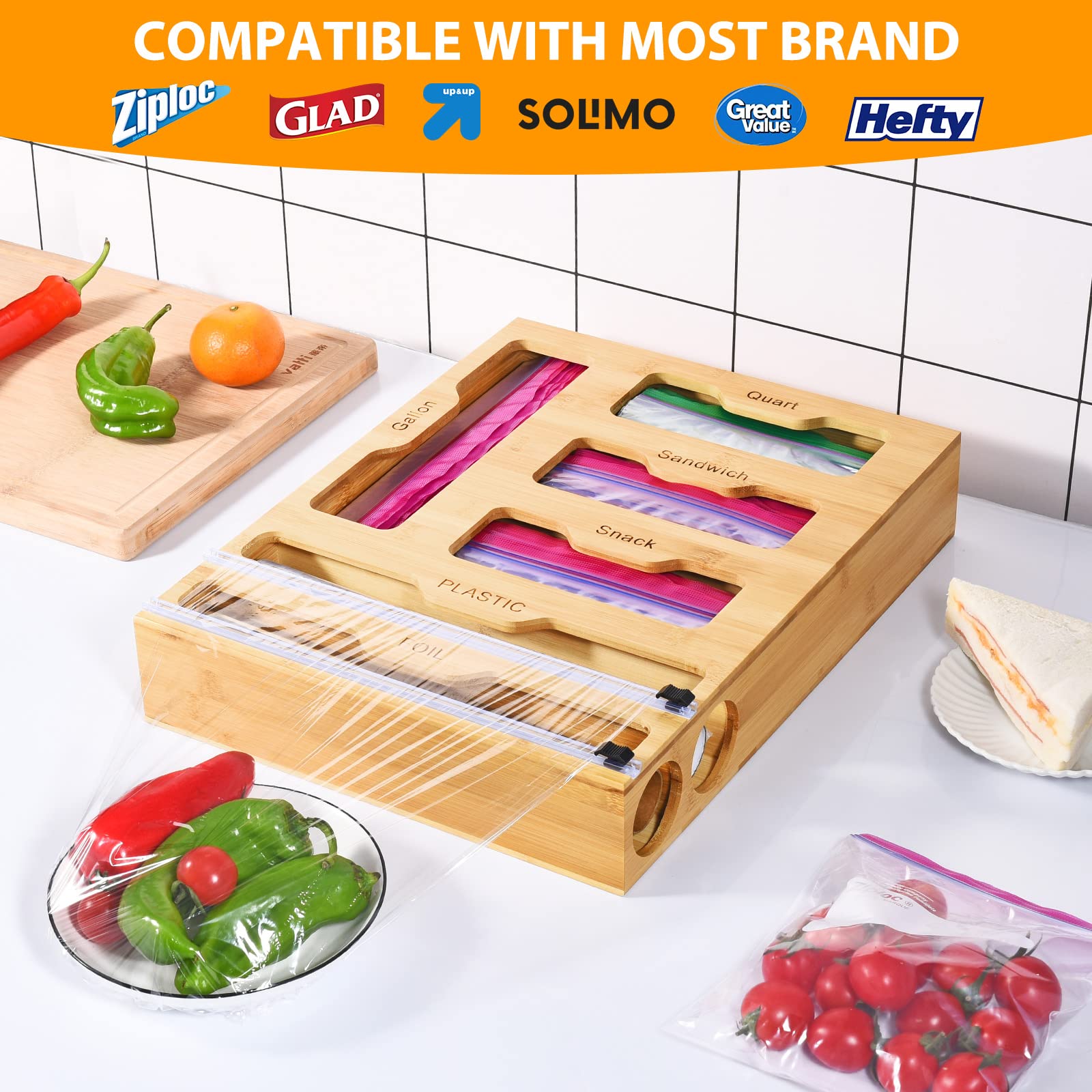 INHOTBY Foil and Plastic Wrap Organizer,Bamboo Ziplock Bag Organizer,6 in 1 Aluminum Foil Dispenser with Cutter,Tin Foil Baggie Organizer for Drawer,Kitchen containters Organization and Storage