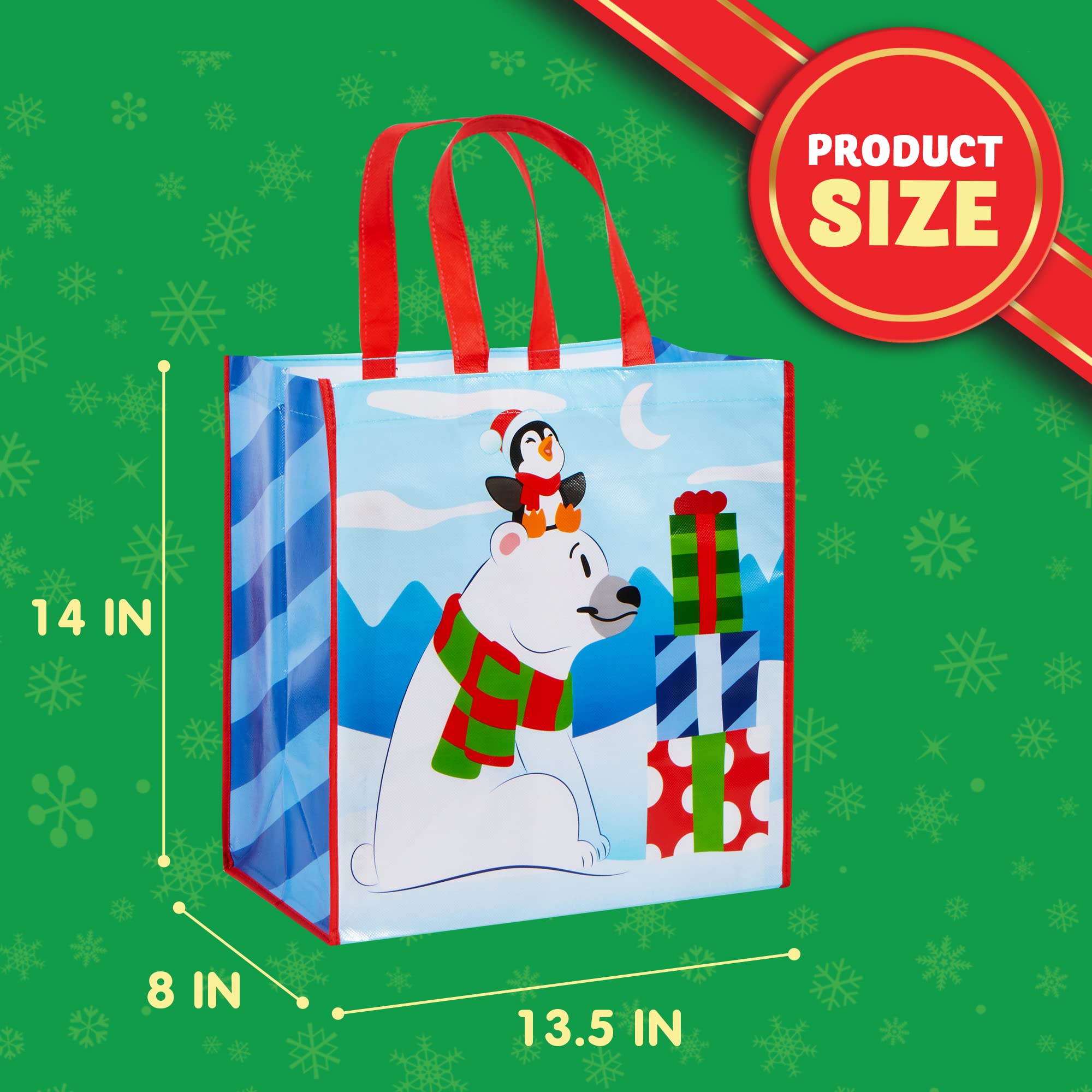 JOYIN 12 Christmas Tote Bags, 13.75"x8"x14" Extra-large Reusable Bags Non Woven Xmas Gift Wrap Bags with Handles for Holiday Party Favor Supplies, Xmas Grocery Shopping Bags