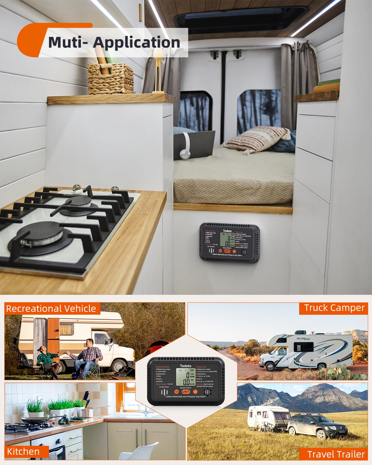 Tadeto RV Carbon Monoxide and Propane Gas Alarm, 12V DC CO/LPG Gas Leak Alarm with Light and Audible Indicator, RV Carbon Monoxide and Propane Gas Detector with Reset/Backlight for RV/Trailer/Camper