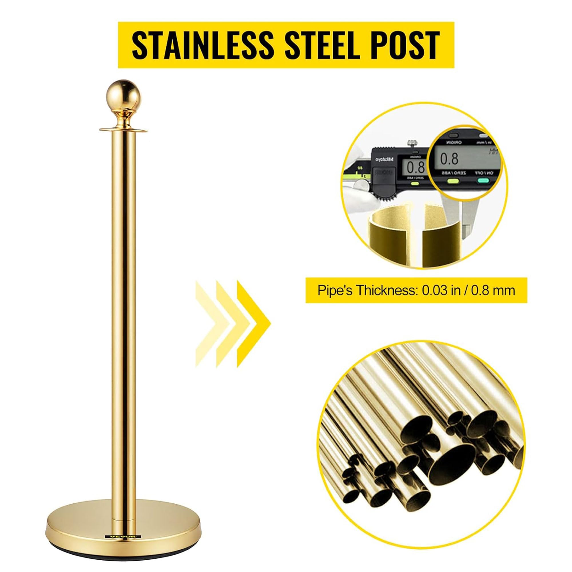 Vevor Velvet Ropes and Stanchion Post with Ball Top and Four Way Connection for Crowd Control Barriers, Safety, and Protection, Gold
